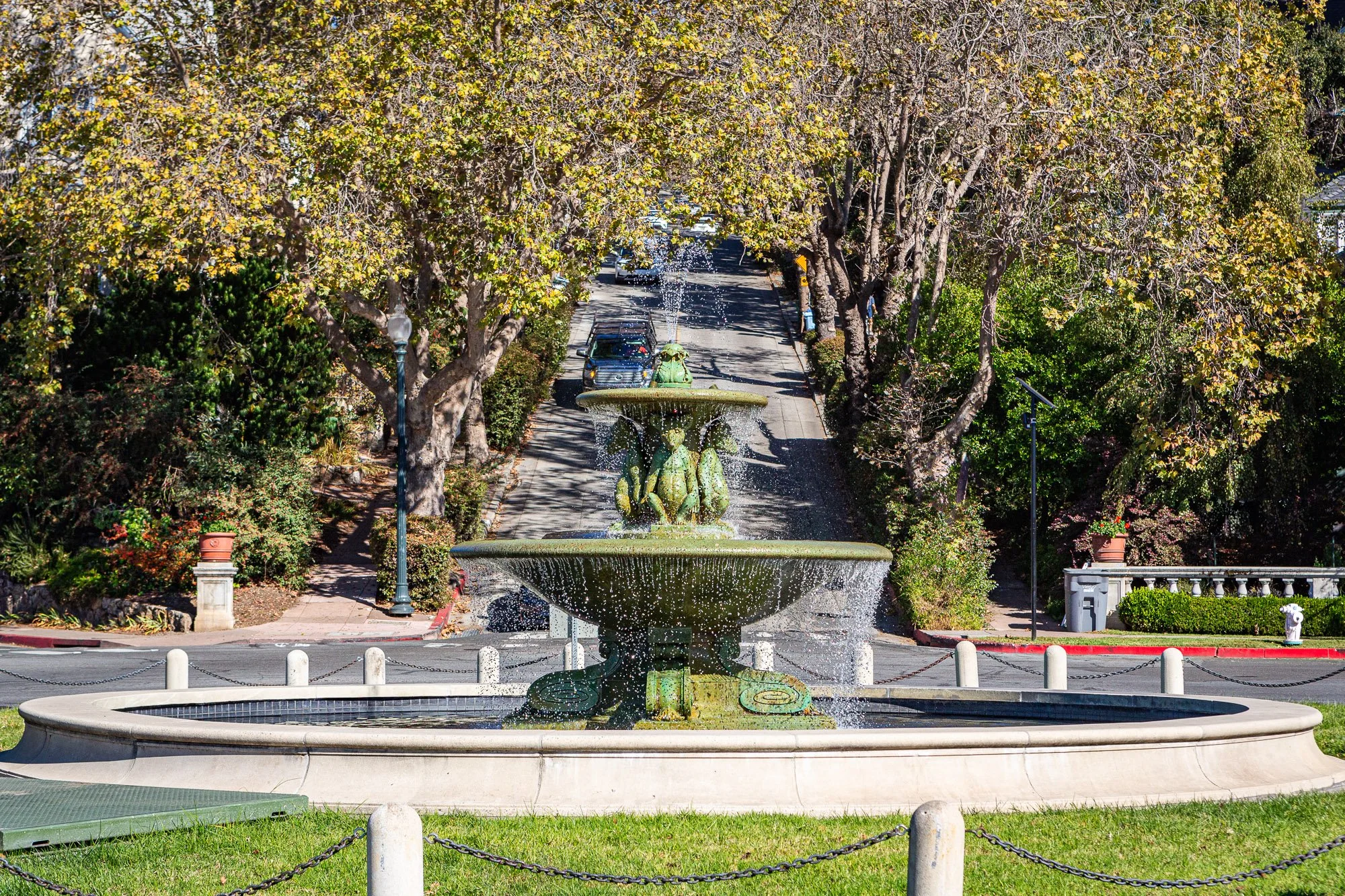 A decorative fountain with frog statues sprays water in front of a tree-lined street with parked cars.