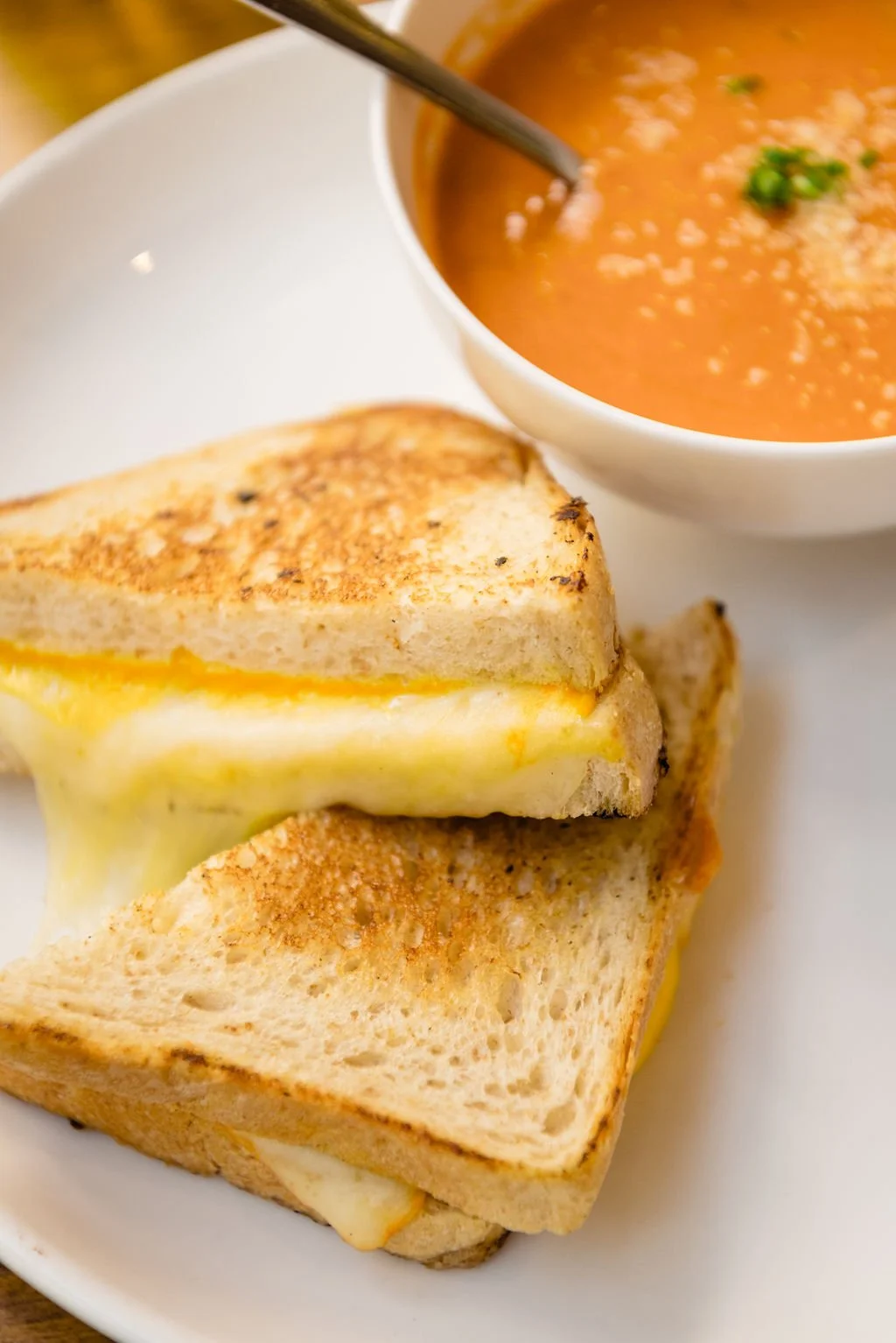  Adult grilled cheese with tomato bisque soup at local downtown Austin, TX brunch restaurant 