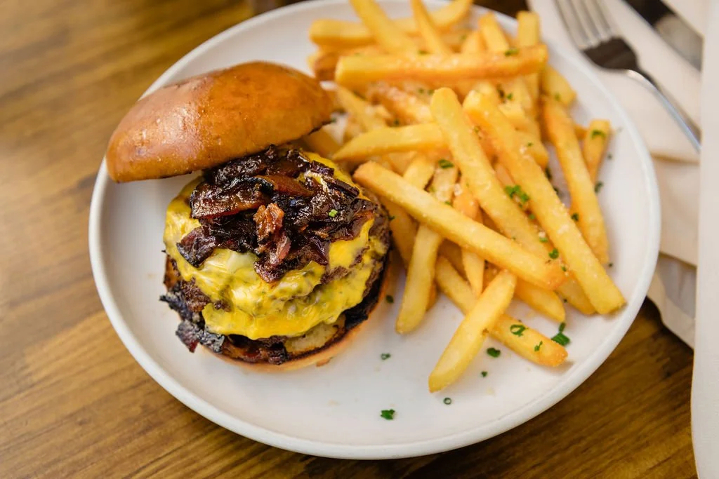 Close up shot of a yummy smashburger in downtown Austin - perfect SXSW food