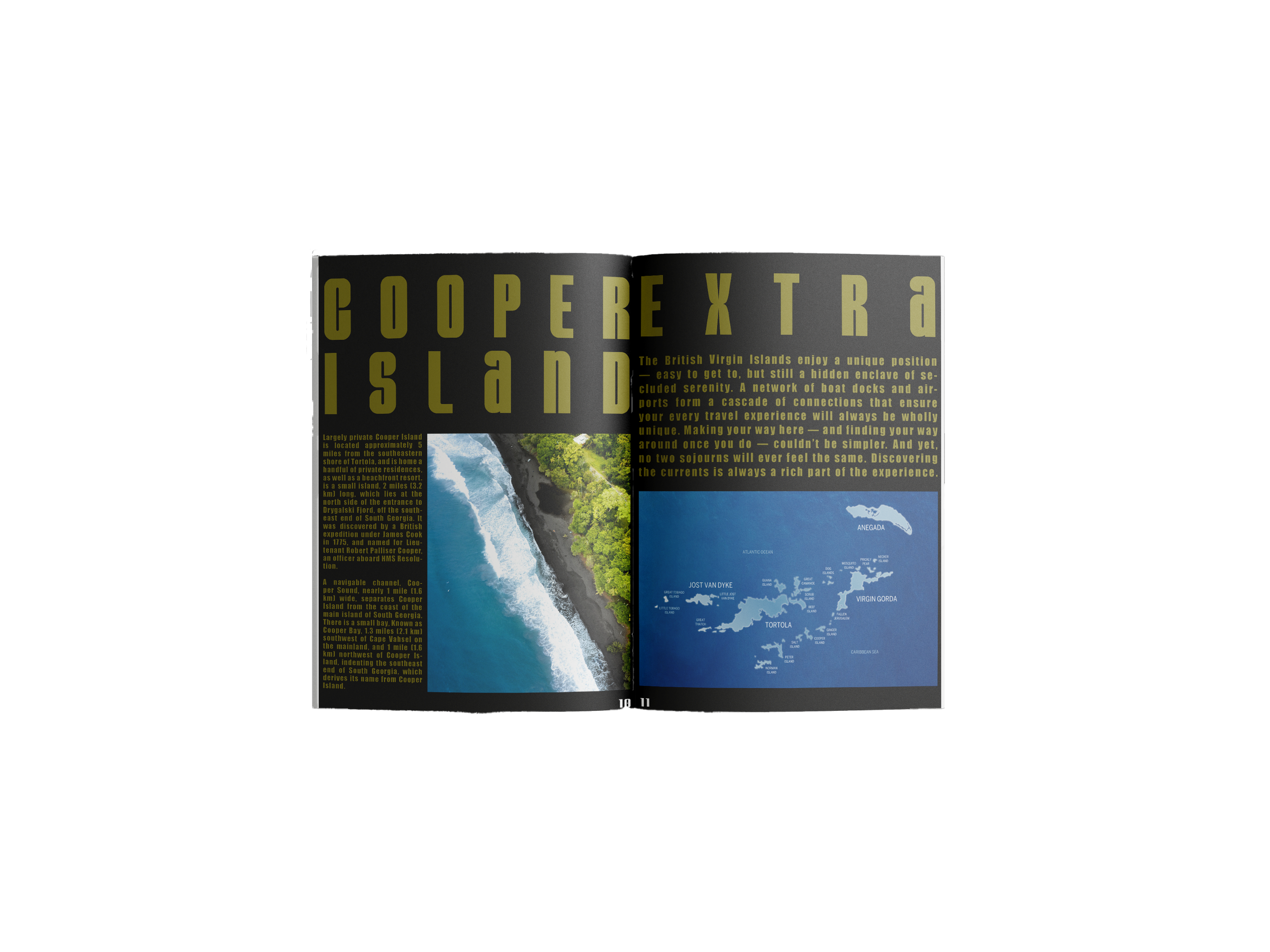 Open magazine spread featuring information and a map of Cooper Island in the British Virgin Islands, with a photo of a waterfall on the left page.