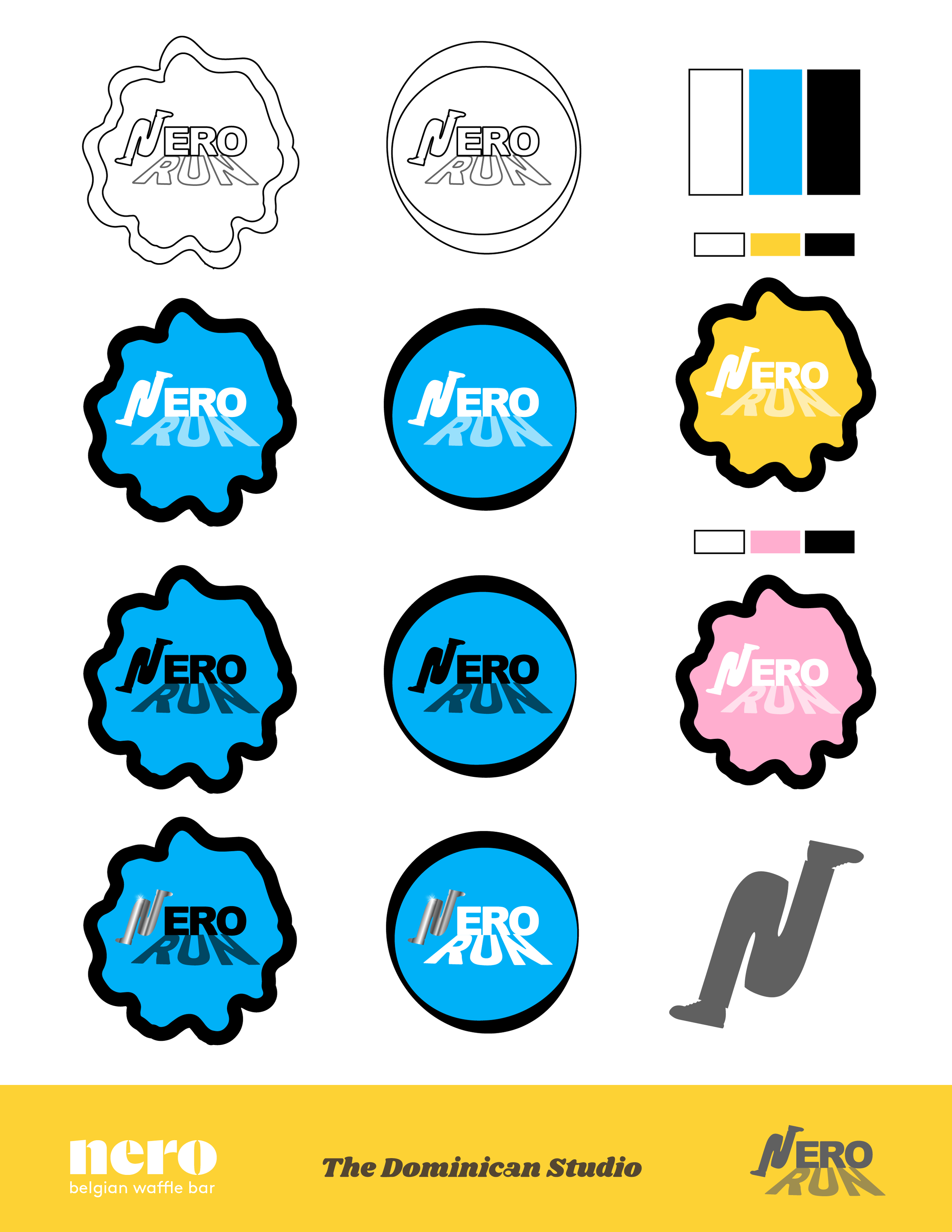 A sheet of colorful logo sticker designs for 'Nero Run' in various shapes, colors, and styles, including blue, yellow, pink, black, and white with some outlines and others filled.