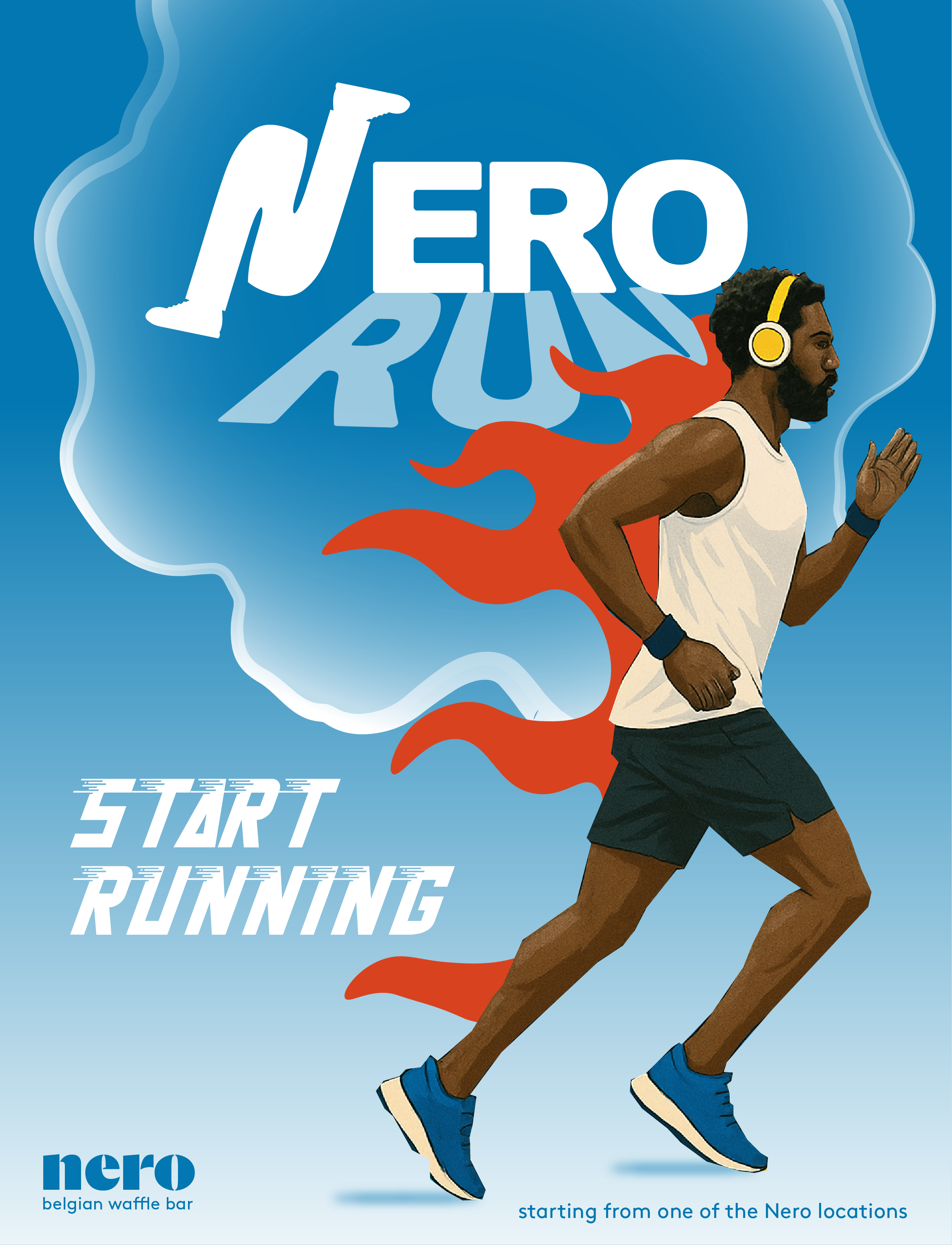 A man running, wearing headphones, a white tank top, and black shorts, with a red flame behind him, over a blue background with the text 'Nero Run' and 'Start Running'.