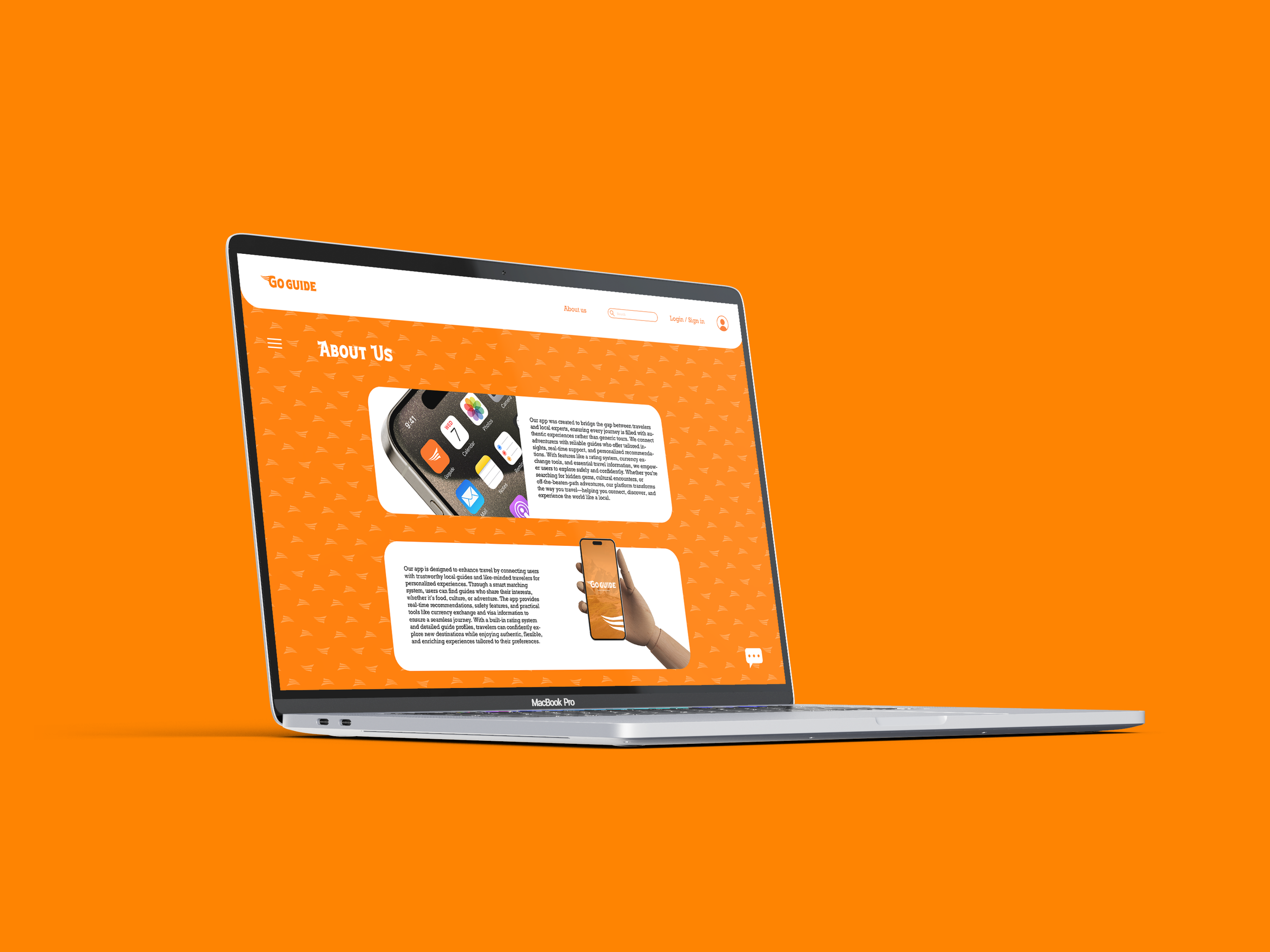 Open MacBook Pro laptop displaying a website with an orange theme and the title "About Us" on an orange background.