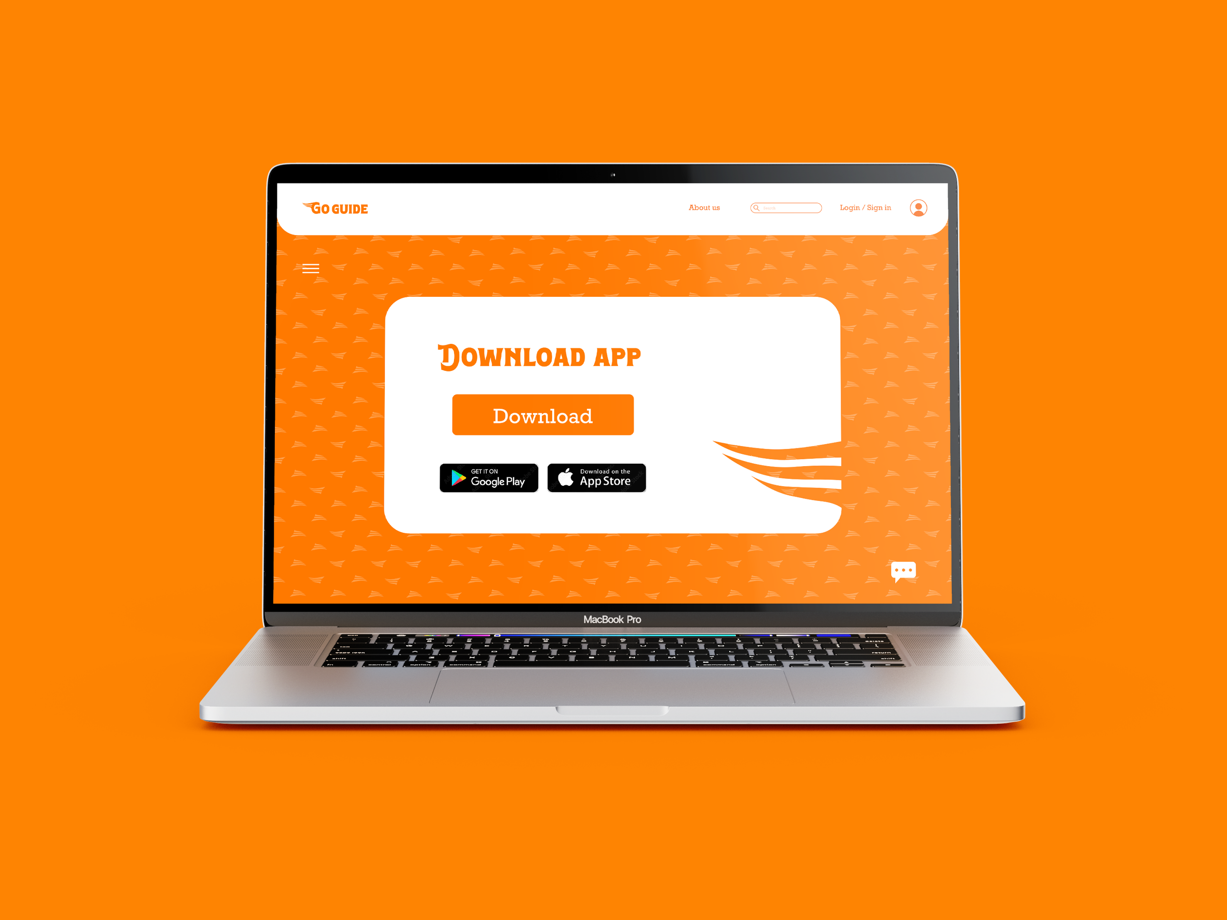 Laptop displaying a website with a bright orange background and white text prompting to download a mobile app, offering download buttons for Google Play and the App Store.