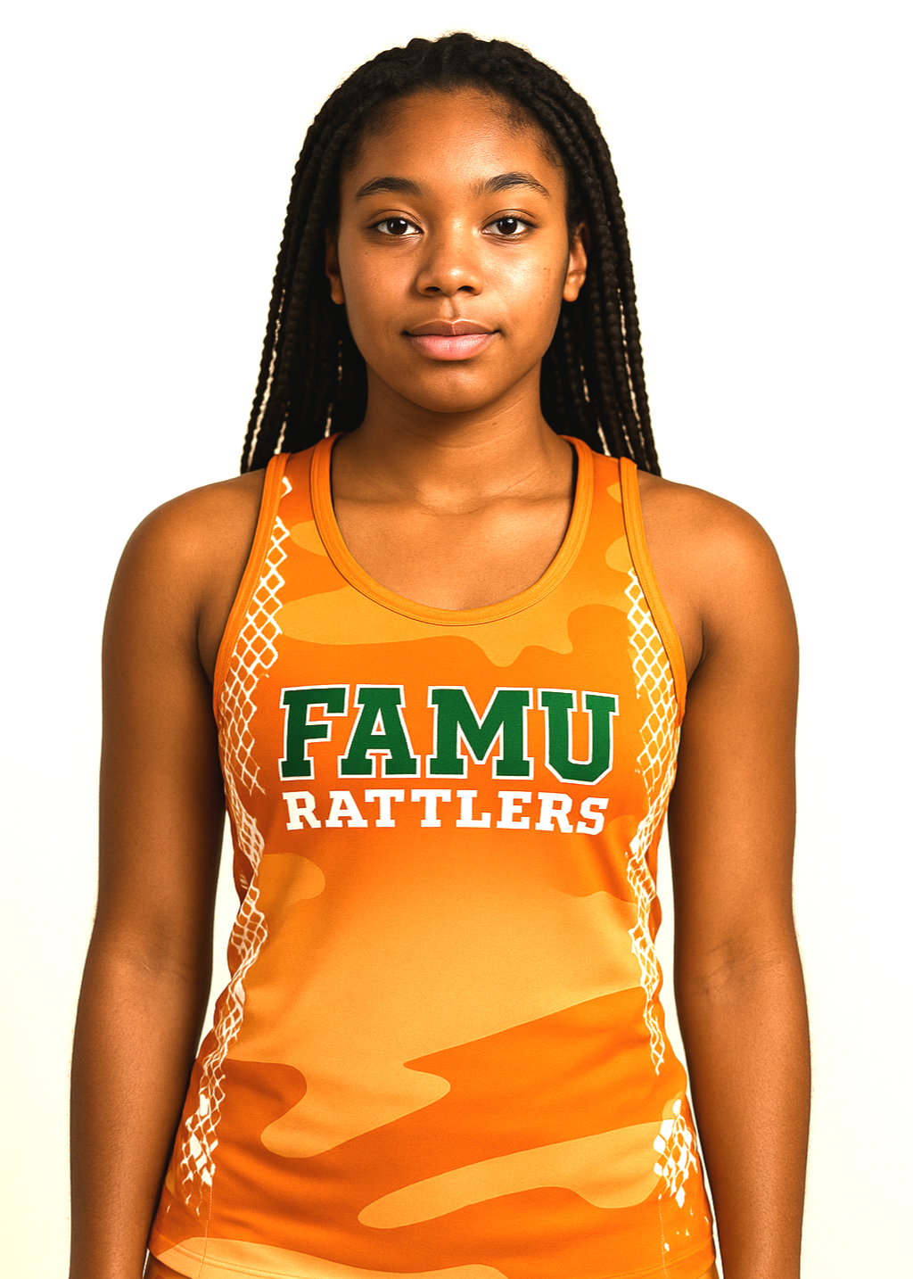 A young woman wearing an orange sports jersey with the words 'FAMU RATTLERS' printed on it, standing against a plain white background.
