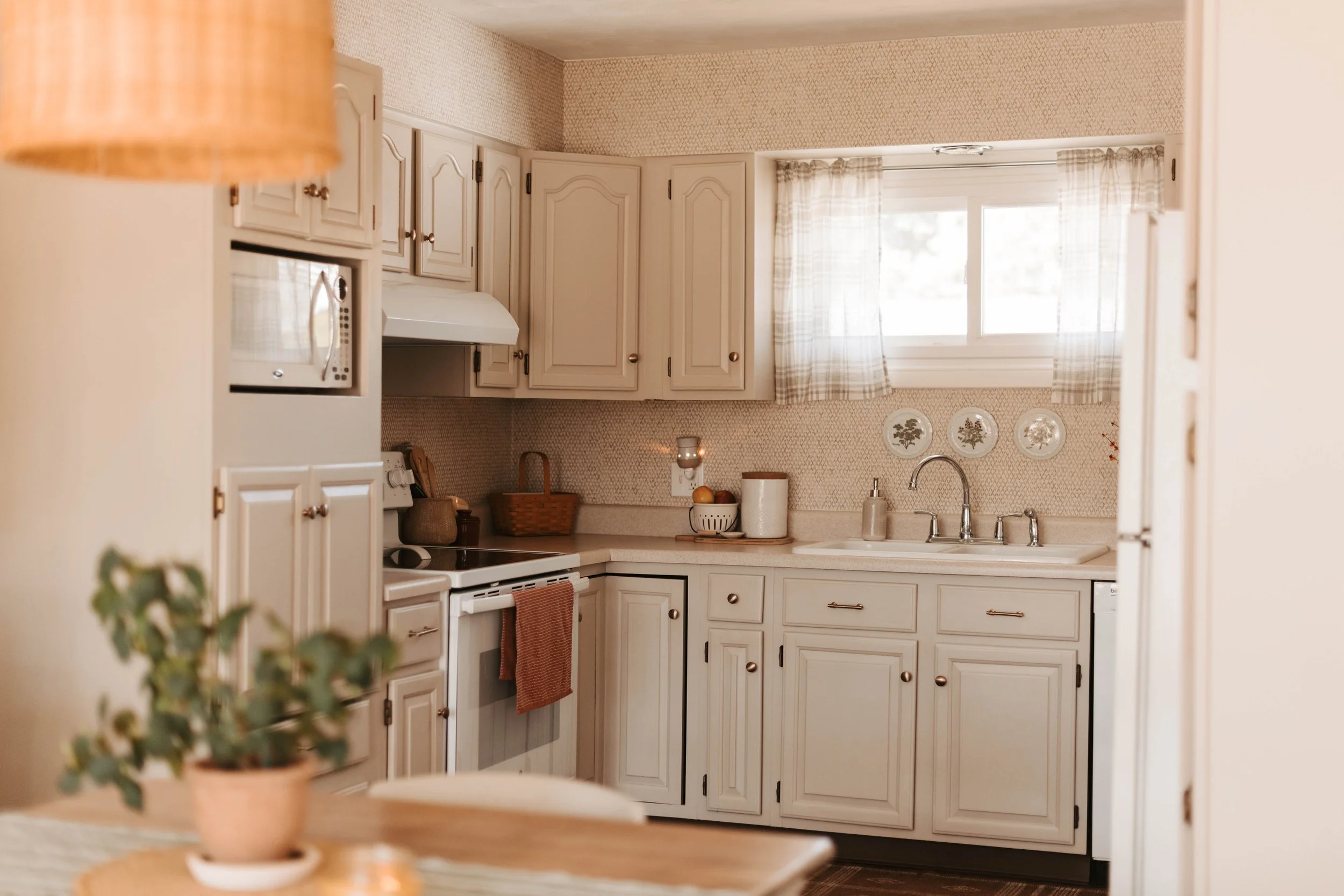A cozy kitchen with cream-colored cabinets, a window above the sink with plaid curtains, and various kitchen items on the countertops, viewed from a dining area with a plant in the foreground.