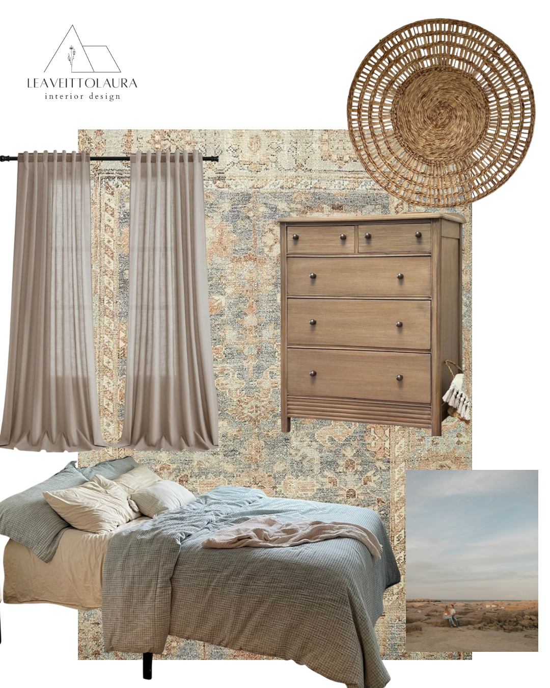 Mood board of a primary bedroom design with beige curtains, a wooden dresser, a bed with neutral bedding and pillows, a patterned rug, a woven wall decor, and an outdoor scene of a person sitting in a rocky landscape by the ocean.
