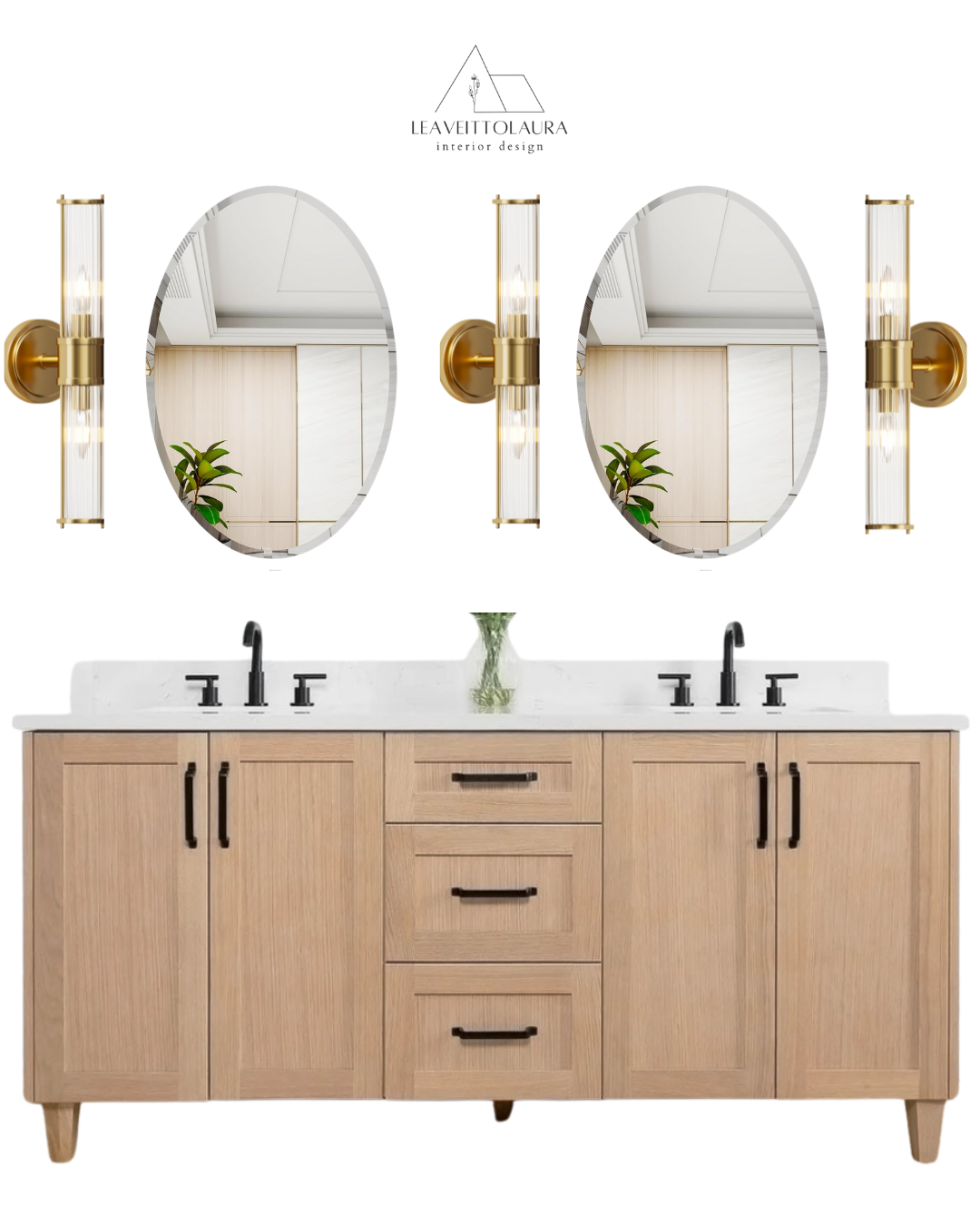 Mood board of a modern bathroom vanity with a light wood finish, white marble countertop, two black faucets, and two oval mirrors with gold light fixtures above each mirror.