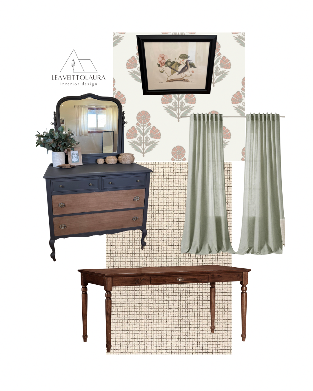 Interior design mood board with a black and wood dresser, a framed mirror, a vintage-style picture frame, a vase with greenery, a framed photo, woven baskets, patterned wallpaper with floral design, green curtains, a framed botanical artwork on the w