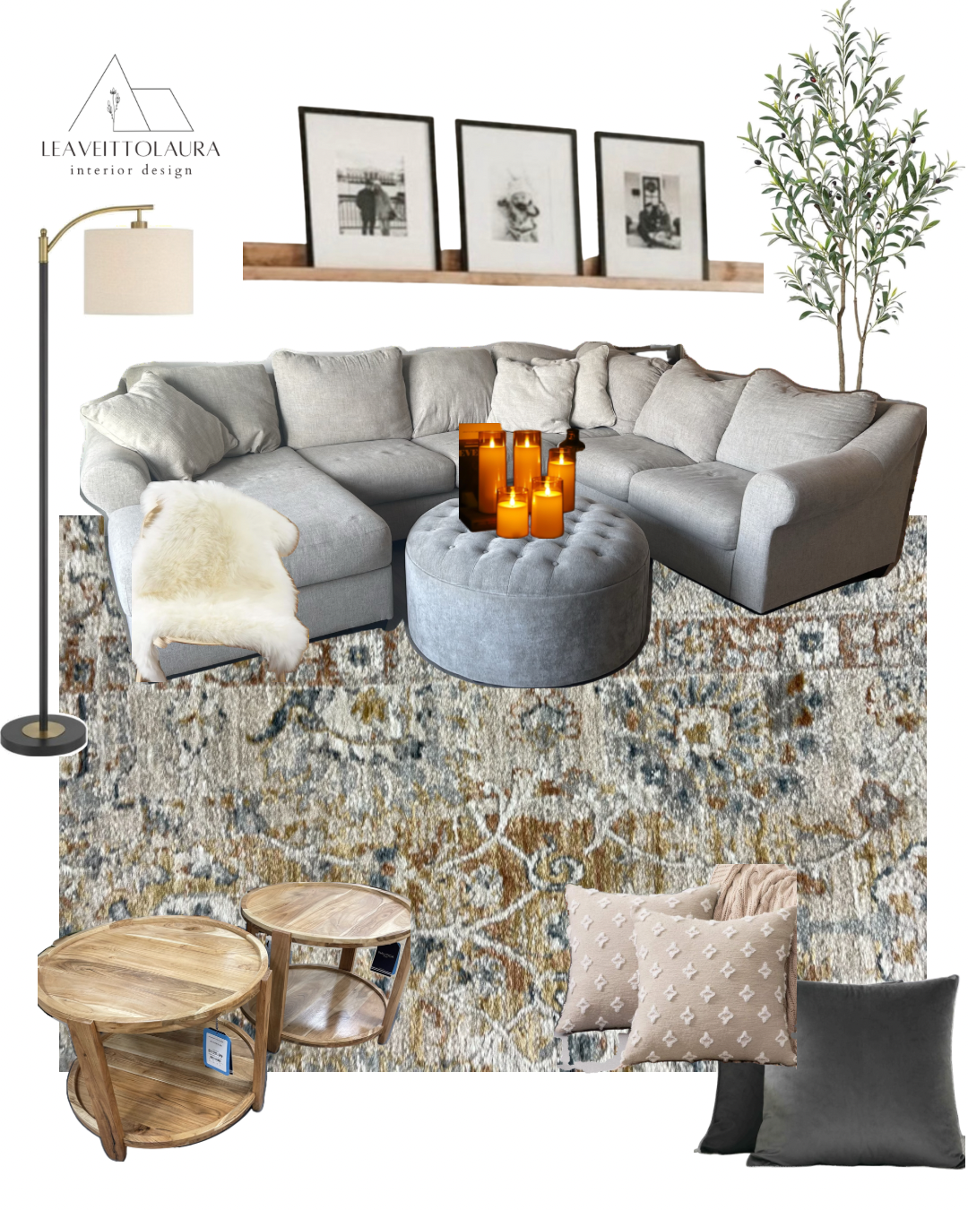 living room interior with a gray sectional sofa, a tufted ottoman with candles, a patterned area rug, a tall floor lamp, framed black-and-white photos on a floating shelf, a potted plant, a fur throw on the sofa, two round wooden side tables, and dec