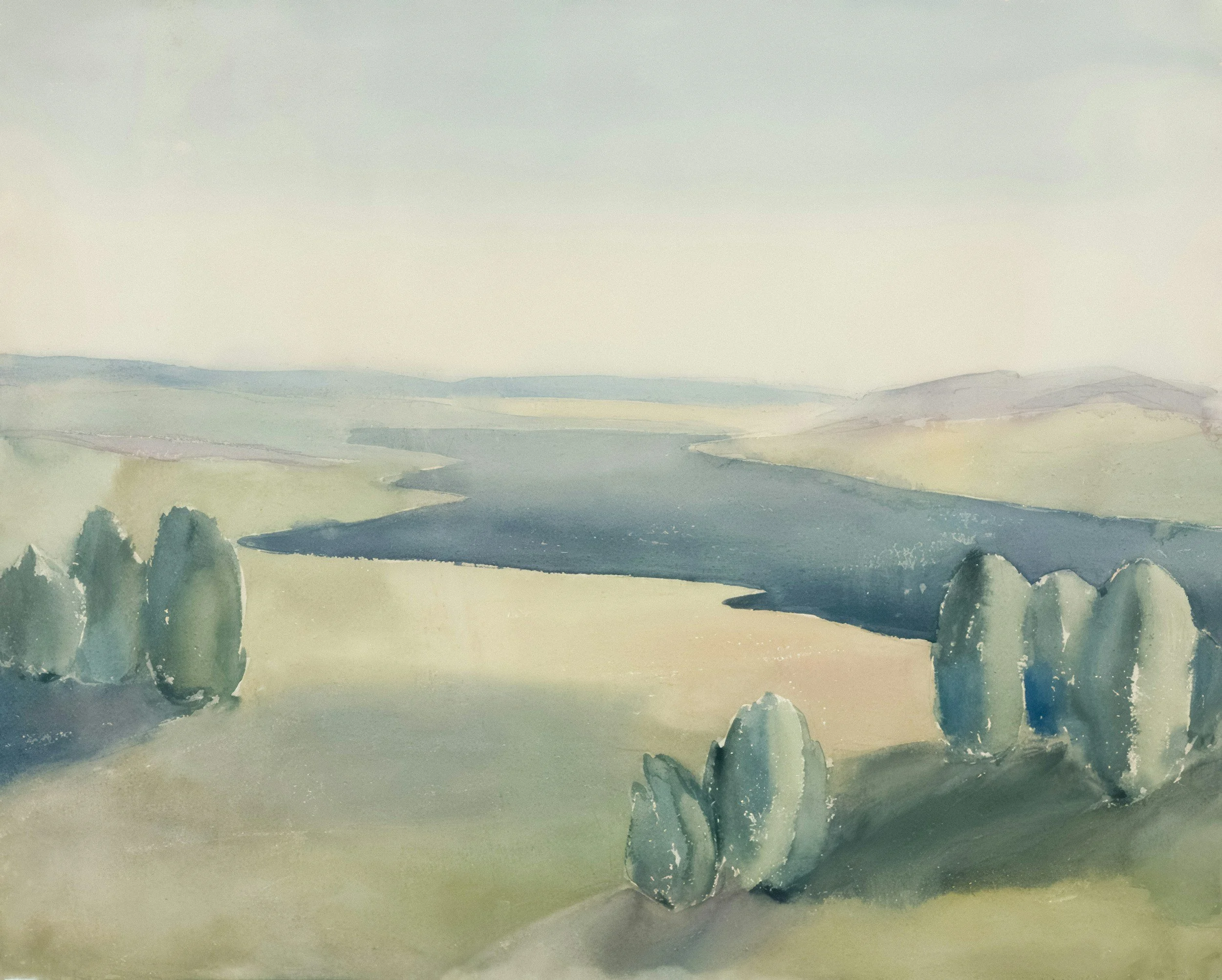 Watercolor landscape of rolling hills, a river, and clusters of trees, depicted in soft, pastel shades.