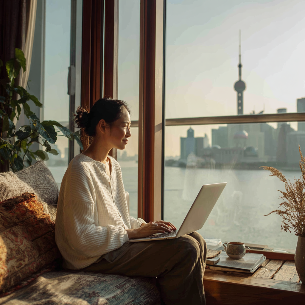 A woman working on a laptop by a large window with a city skyline view, including a tall tower, during sunset.