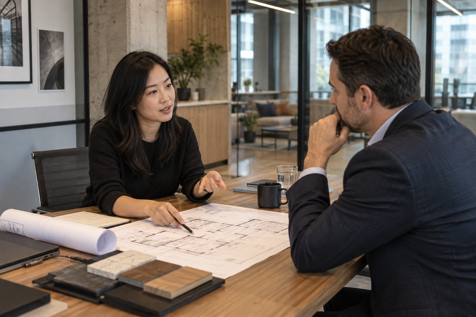 Two professionals, a woman and a man, having a discussion over a set of architectural blueprints on a wooden table in a modern office space.