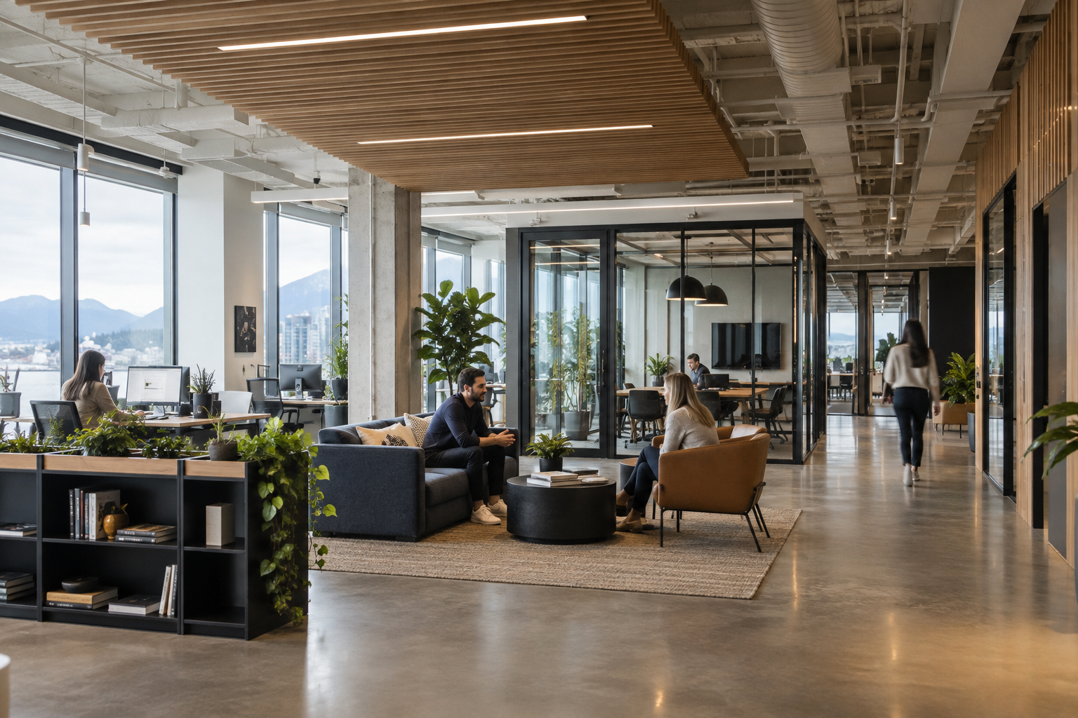 Modern open-concept office with large windows, greenery, and collaborative seating areas.