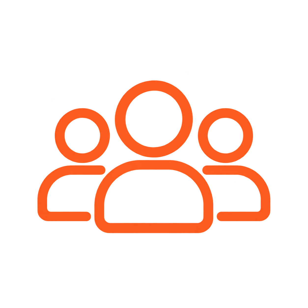 Outline icon of three people, with one person in front and center and two behind, representing a group or team.