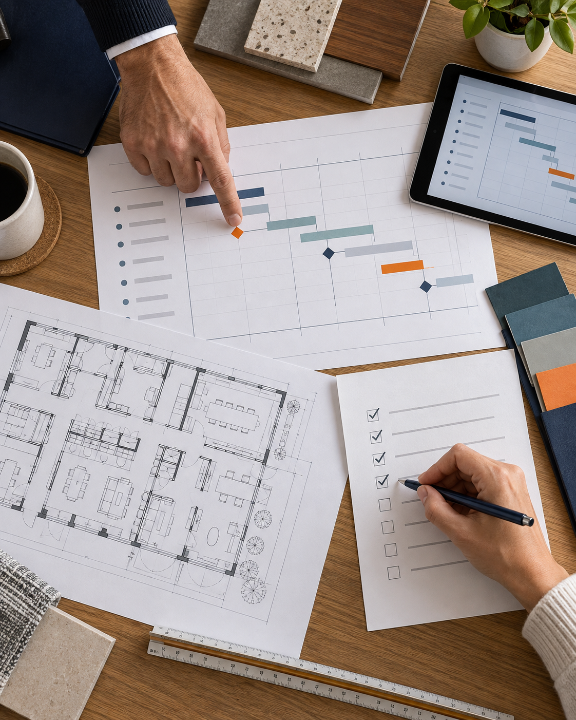 Architectural plans, construction schedule chart, color samples, and design tools on a work table, with hands pointing and writing.