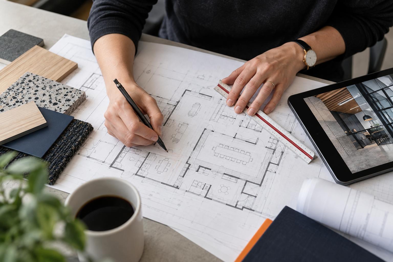 Architect working on building plans with color samples, a tablet showing interior design, a cup of coffee, and various office supplies on the desk.