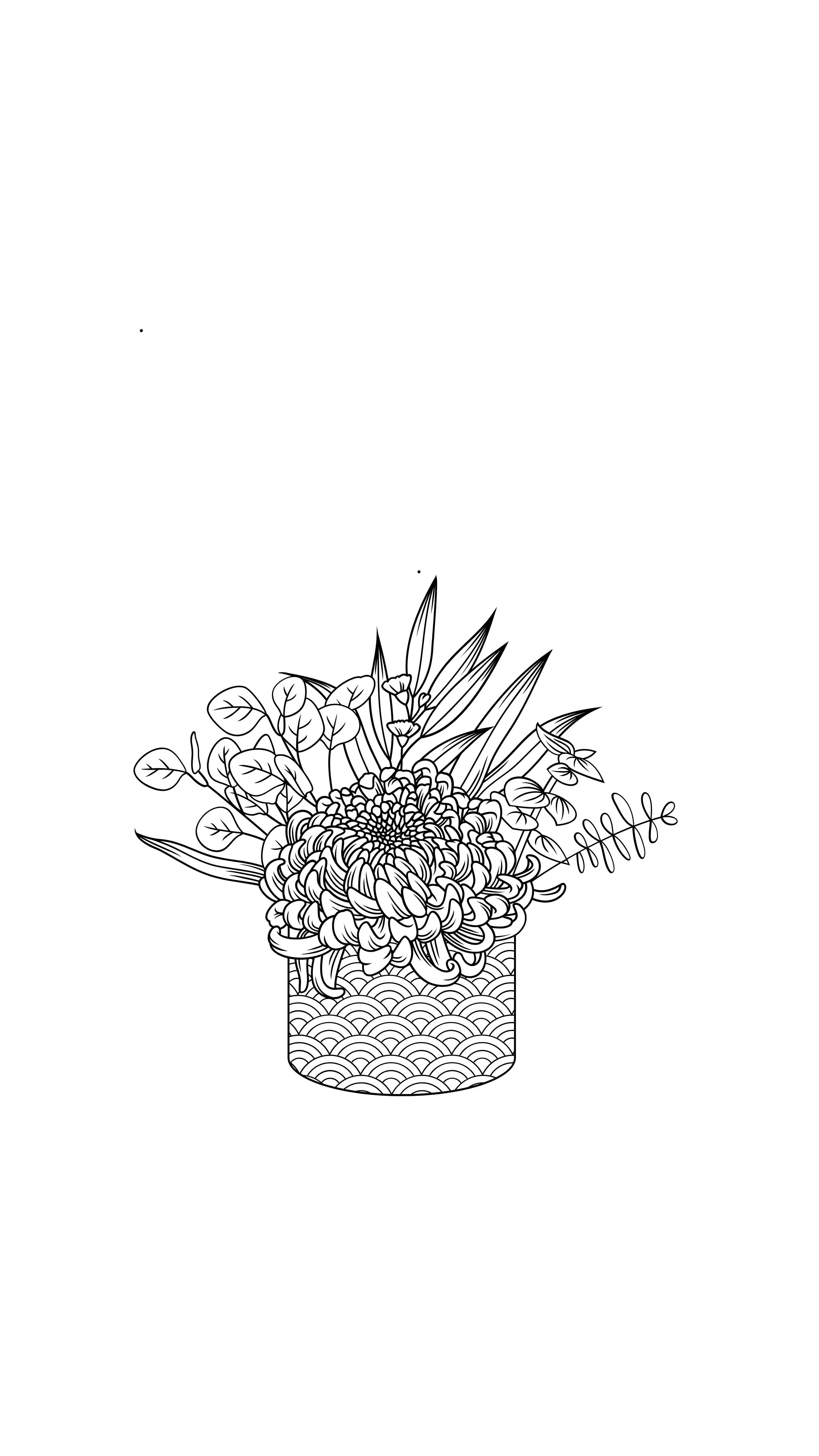 Line drawing of a potted flower arrangement with various flowers and leaves in a decorative container.