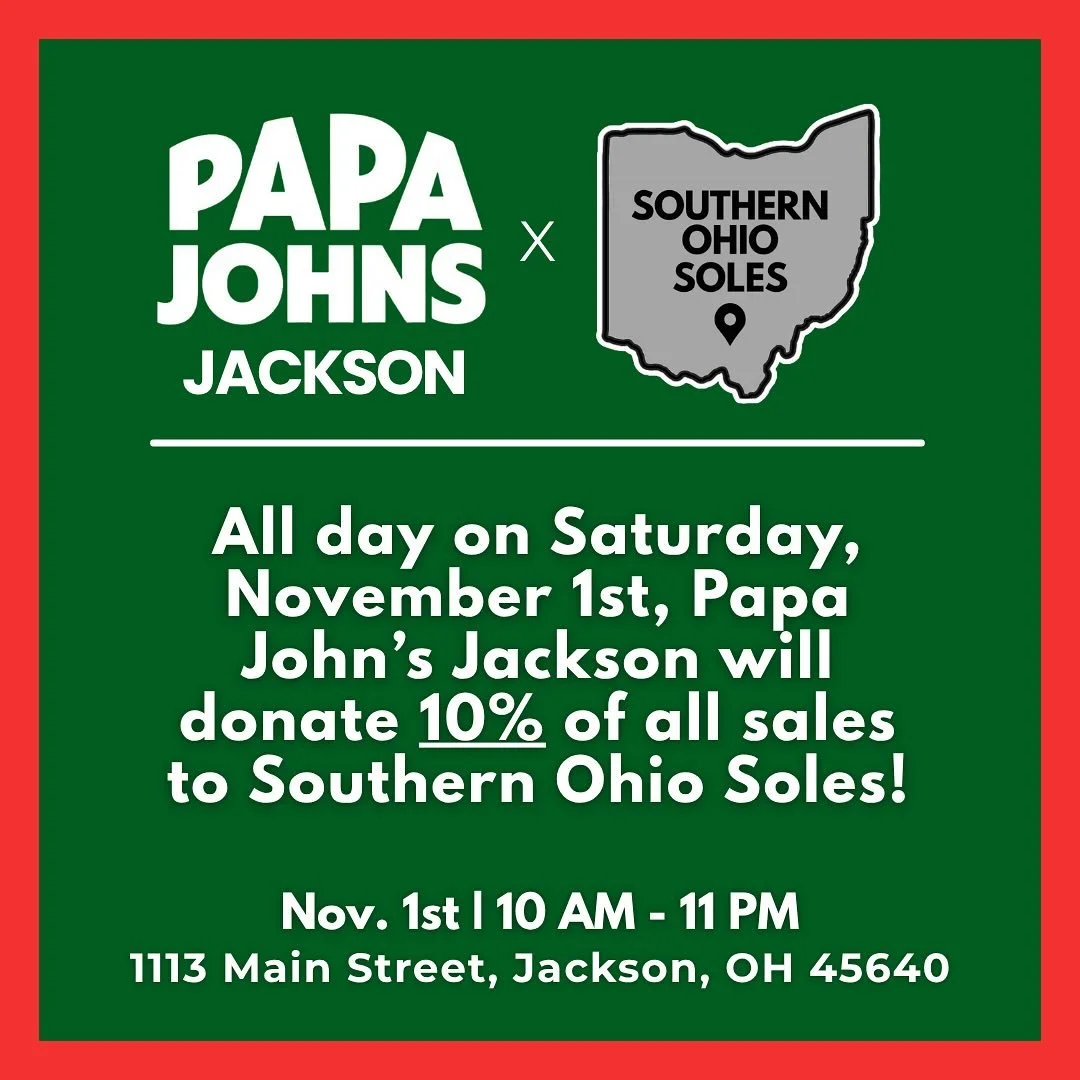 🍕👟 We are very grateful to partner with Papa John&rsquo;s Jackson to ensure students across Southern Ohio have access to proper footwear this year. 🌟

On Saturday, November 1st, Papa John&rsquo;s Jackson will donate 10% of all sales to Southern Oh