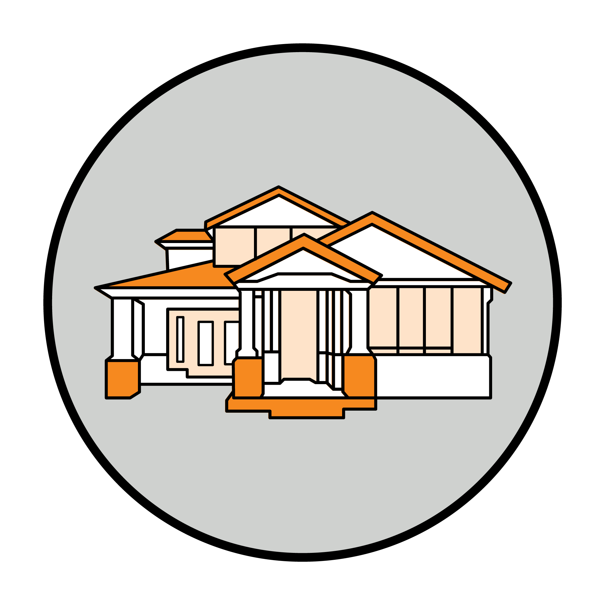 Illustration of a house with a front porch, pitched roof, and multiple sections, depicted with black outlines, beige walls, and orange roofing, set against a light gray circular background.