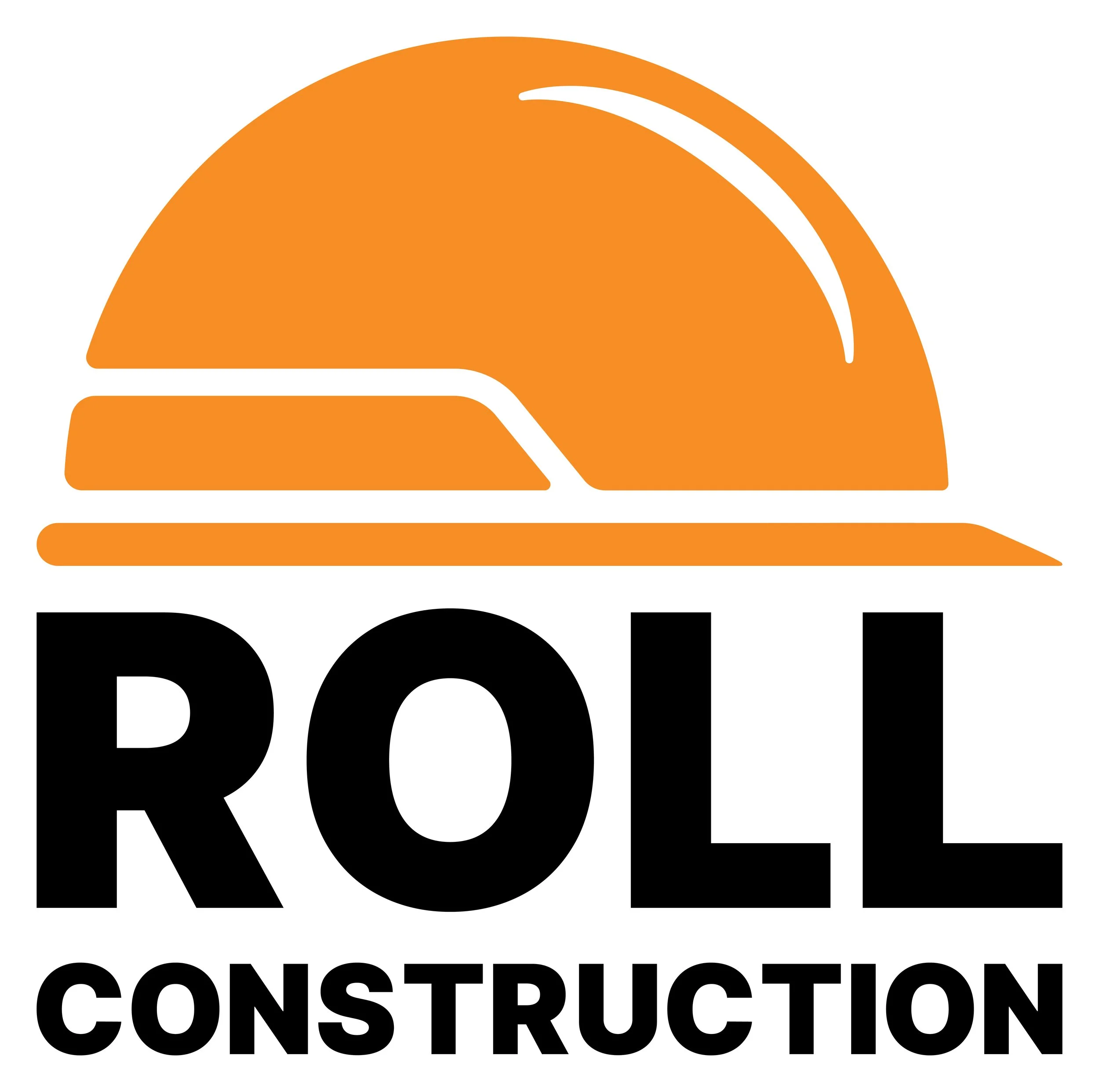 Logo of Roll Construction with an orange hard hat graphic and bold black text.