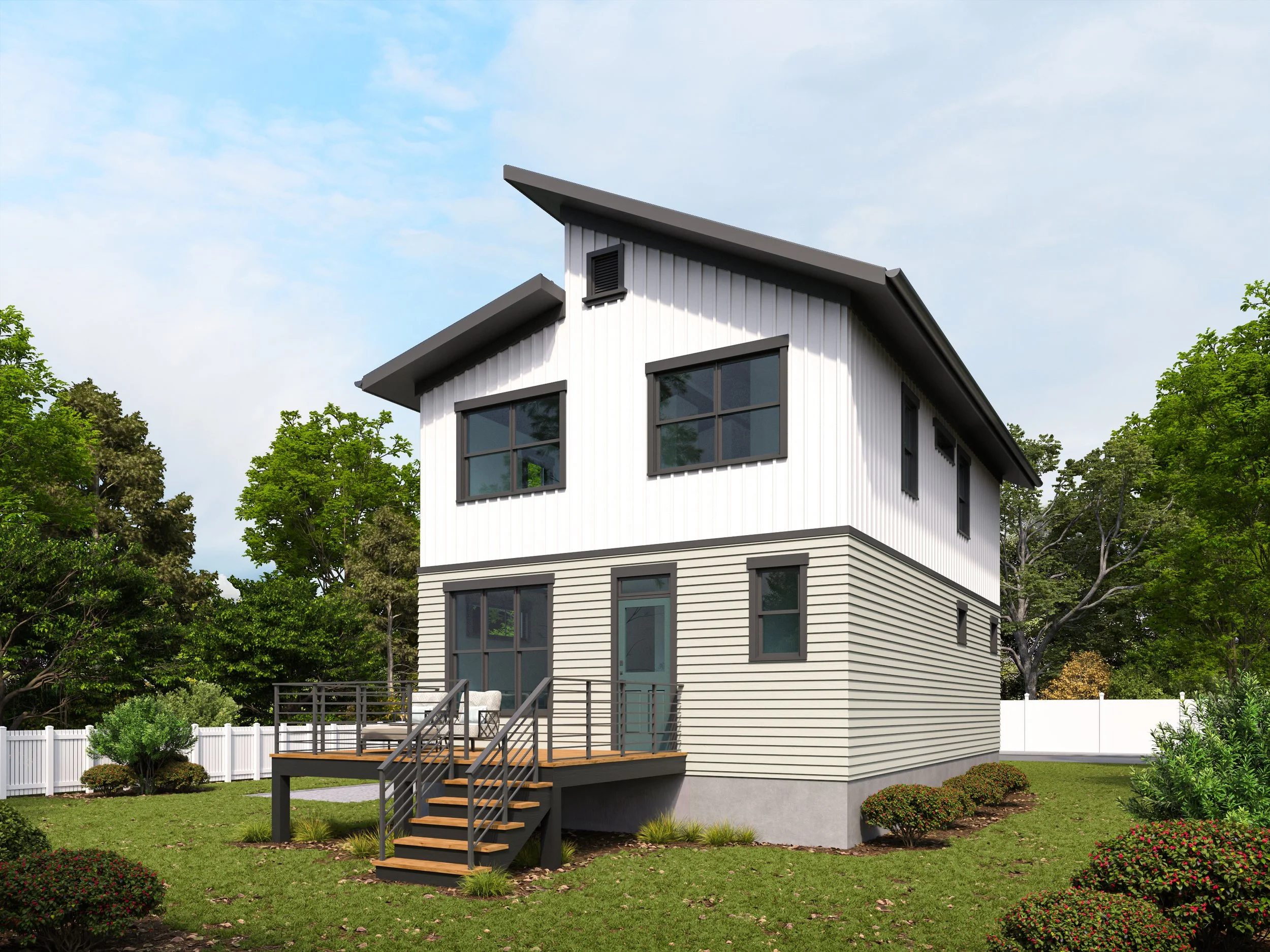Modern two-story house with white and beige siding, black window frames, small front porch with stairs, surrounded by green lawn and trees, with a white fence in the background.