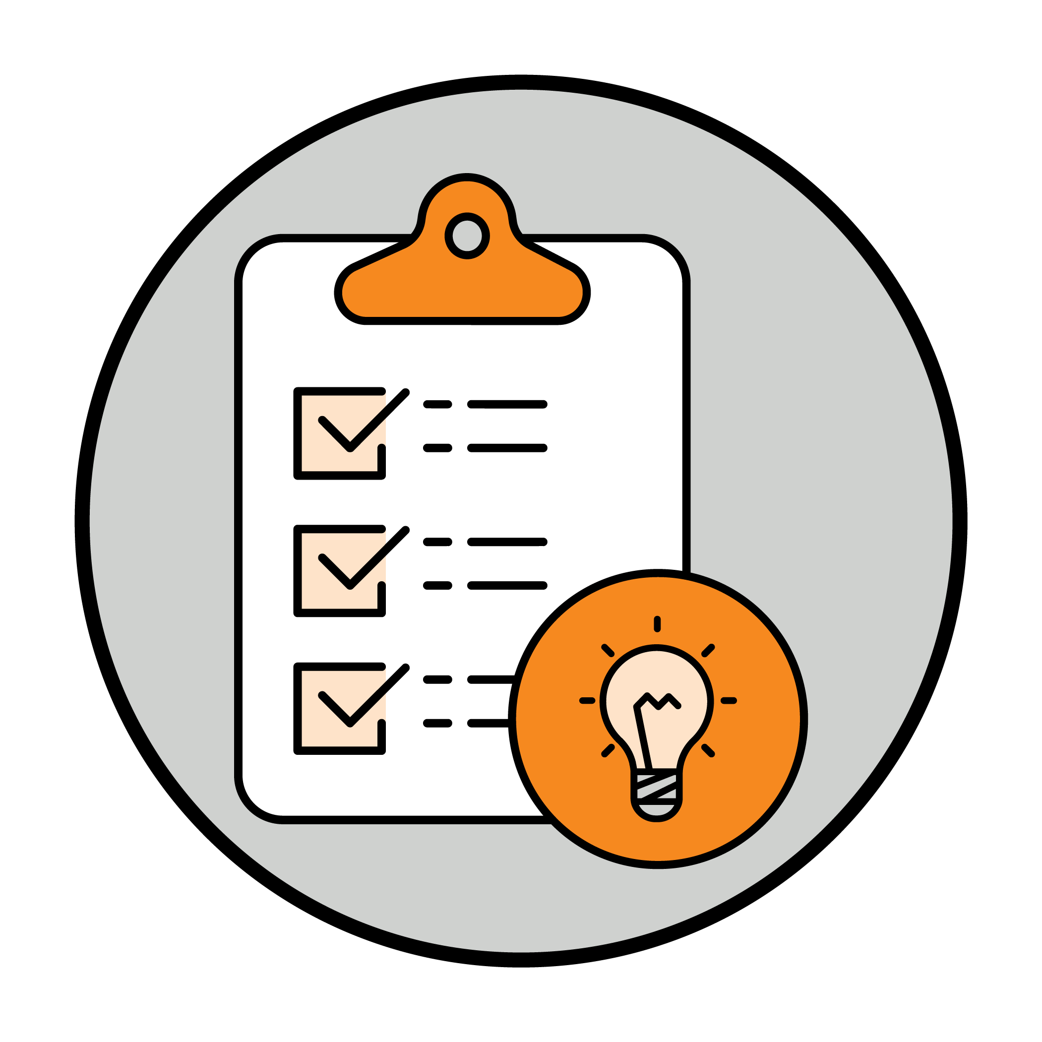 Checklist on clipboard with three items all checked, and a lightbulb icon indicating an idea or insight.