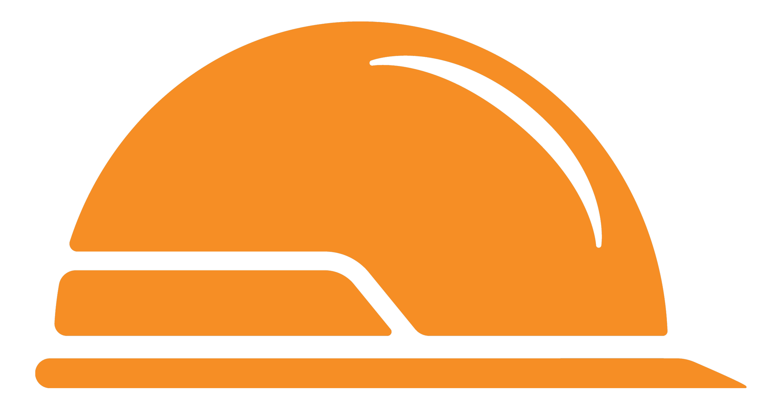 An orange and black logo of a helmet, resembling a sports or motorcycle helmet, with a curved visor and stylized design elements.