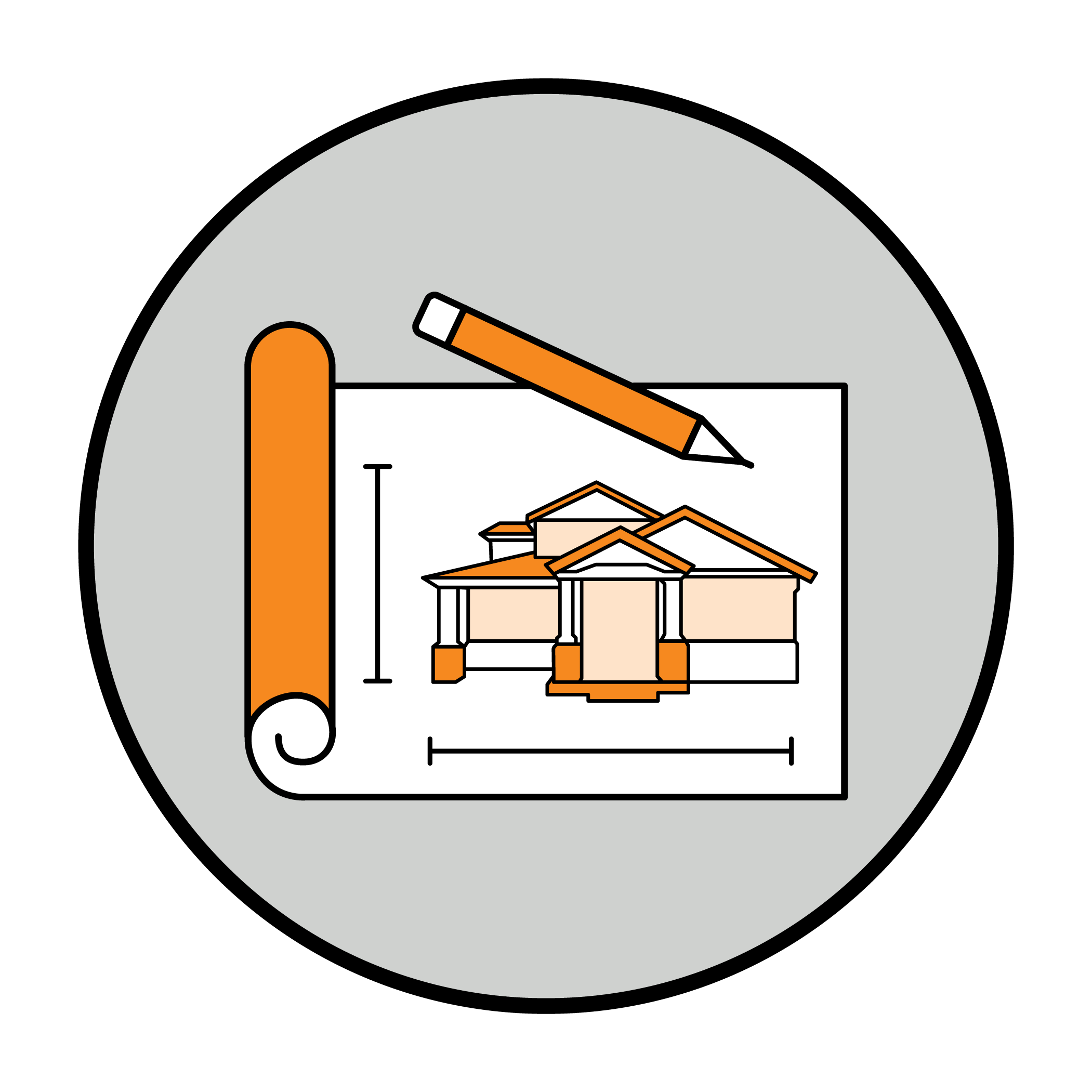Architectural blueprint of a house with measuring tools and a pencil.