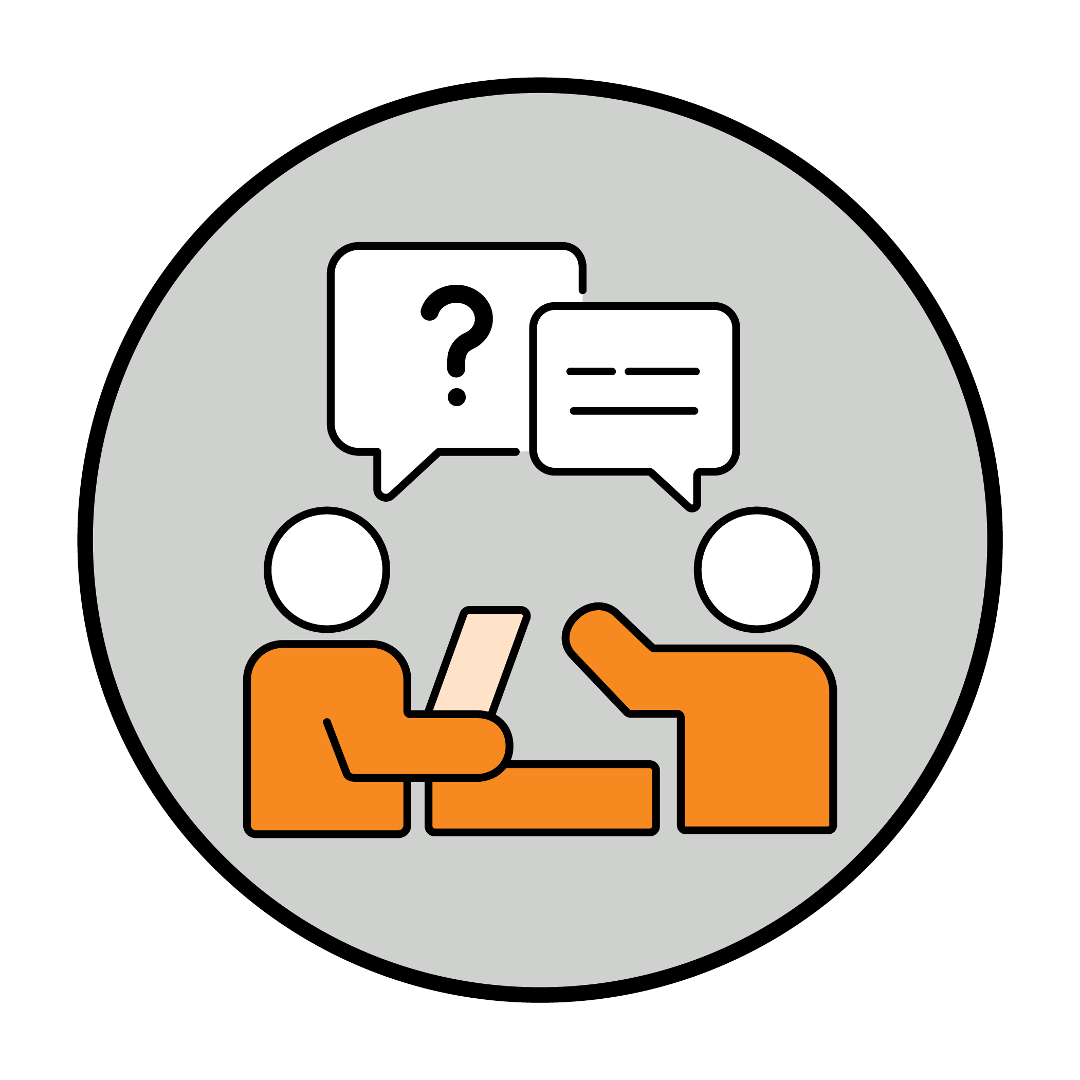 Illustration of two people having a conversation, with speech bubbles above them containing a question mark and lines of text.