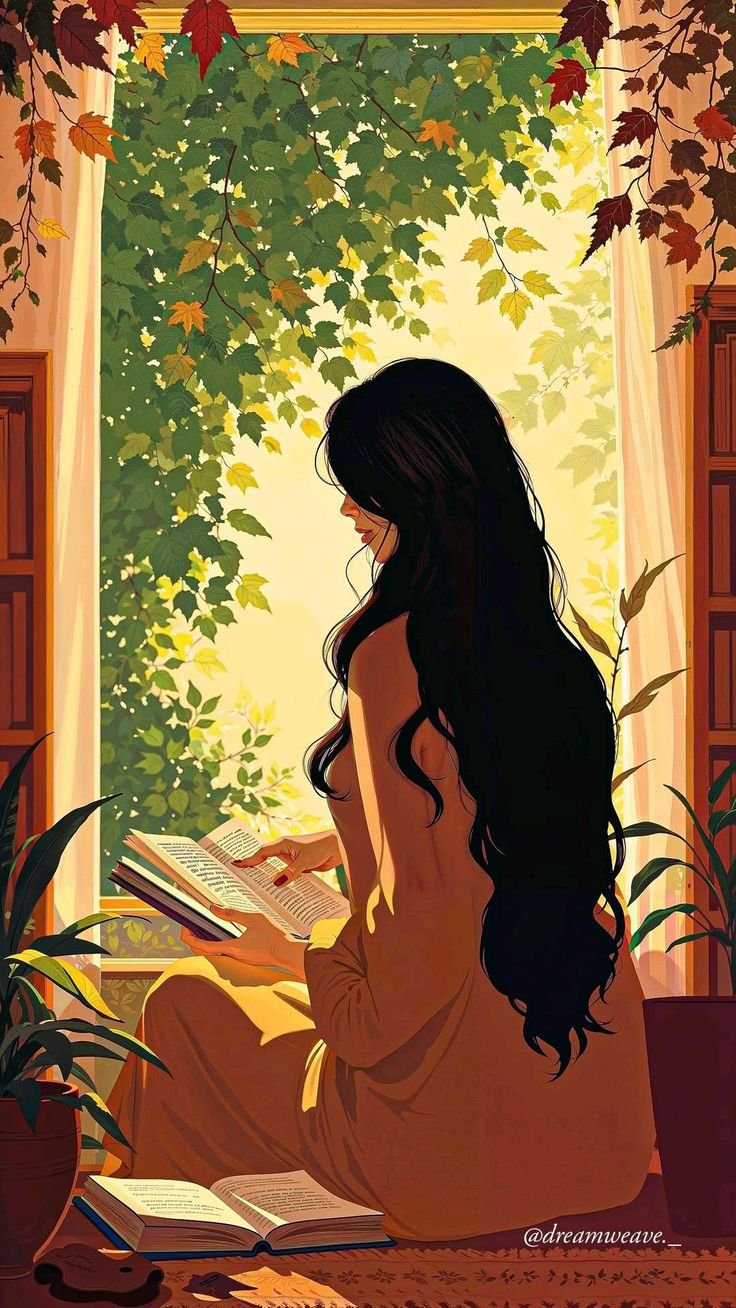 A woman with long black hair reading a book while sitting on the floor by a large open window surrounded by green and red autumn leaves.