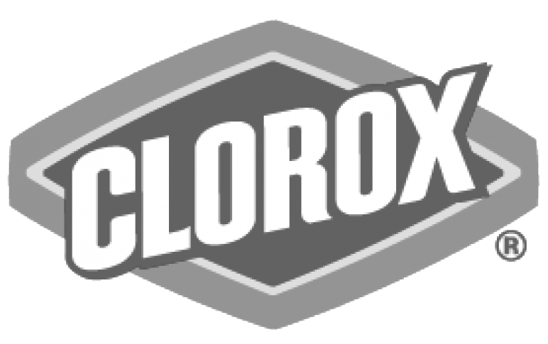 Logotipo en tonos de gris que dice 'CLOROX' en letras mayúsculas dentro de un diseño geométrico con líneas rectas.