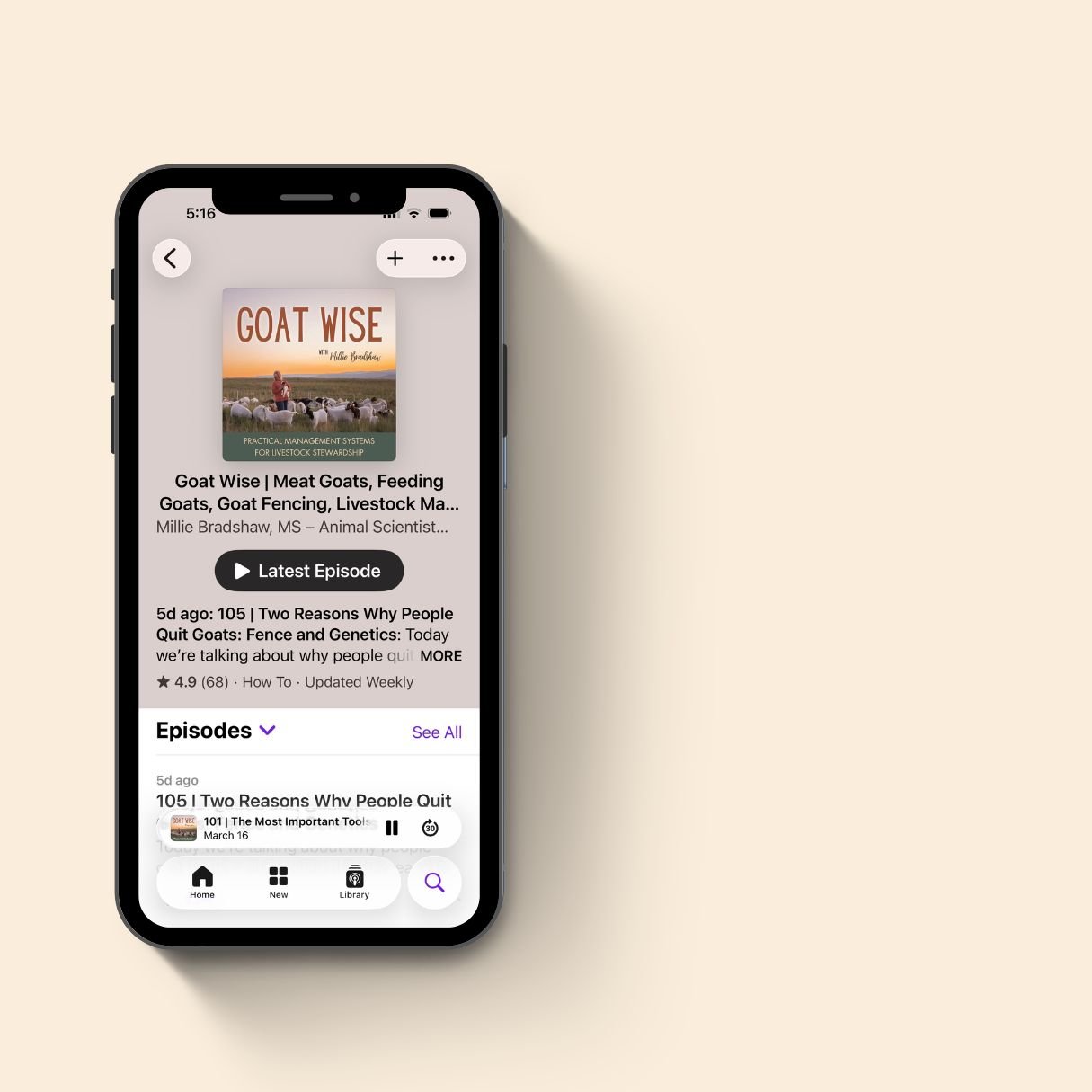 Goat Wise podcast by Millie Bradshaw playing on a smartphone