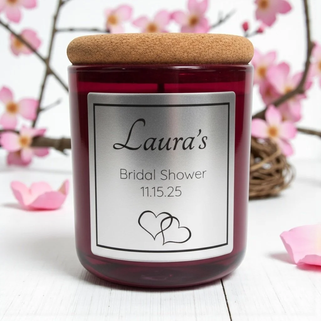 A custom Aurum Garland soy candle made for a bridal shower—hand-poured with clean, creamy wax, personalized fragrance, and elegant labeling. A timeless favor for celebrating love and new beginnings.