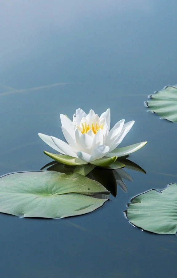 White water lily flower with yellow center floating on a calm pond with green lily pads.