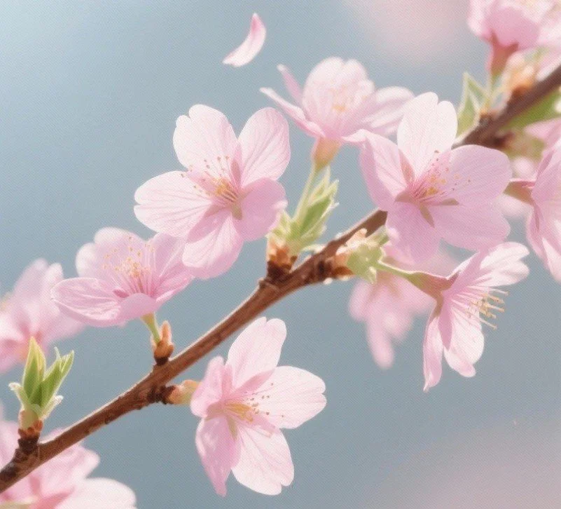 Close-up of pink cherry blossoms on a branch against a soft, out-of-focus background.