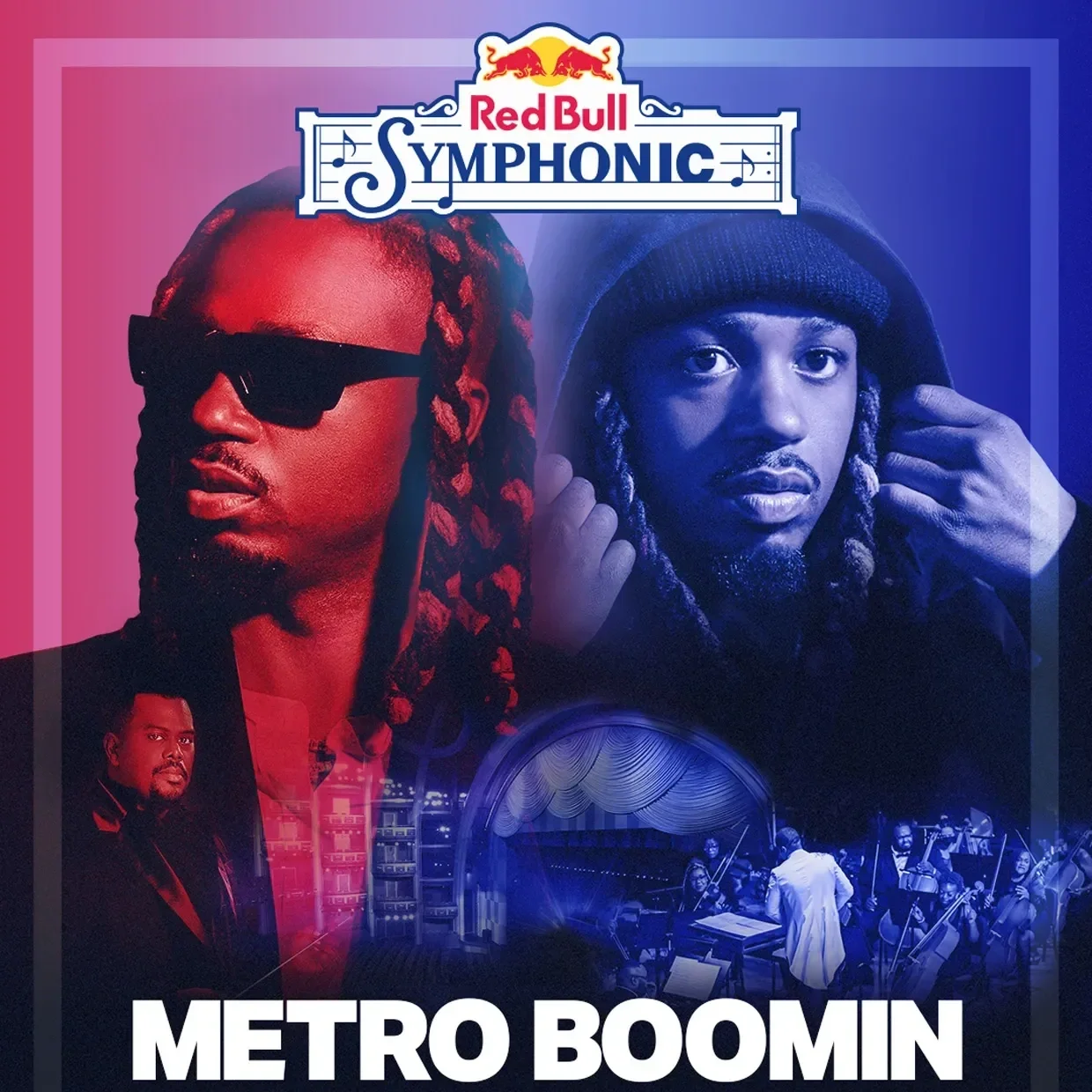 Poster for Red Bull Symphonic featuring Metro Boomin with images of two artists, an orchestra, and a stage.