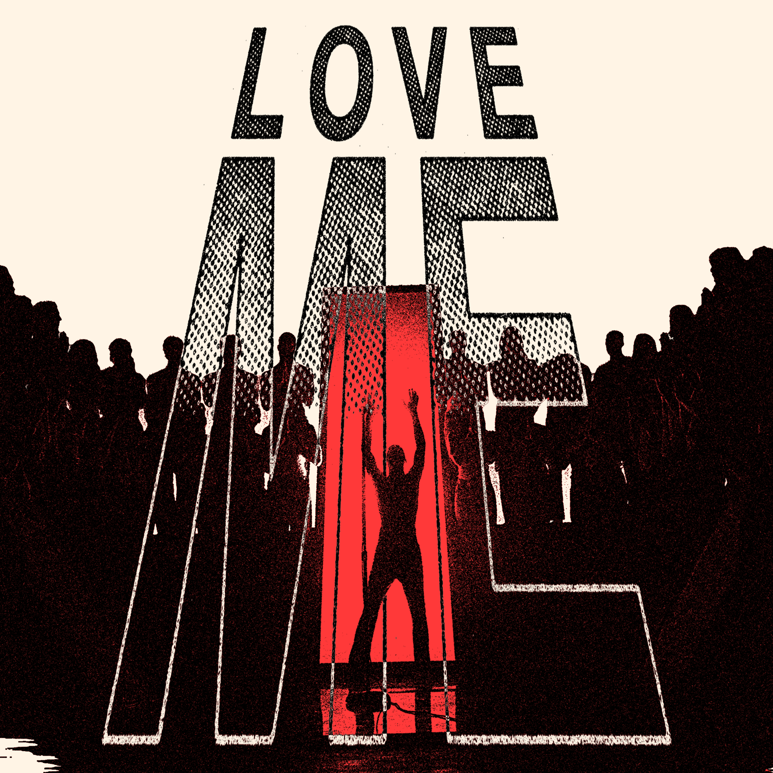 Silhouette of a man with raised arms standing on a raised platform inside the letter 'M' in 'ME,' with an audience in the background and the words 'LOVE' in large bold letters at the top.