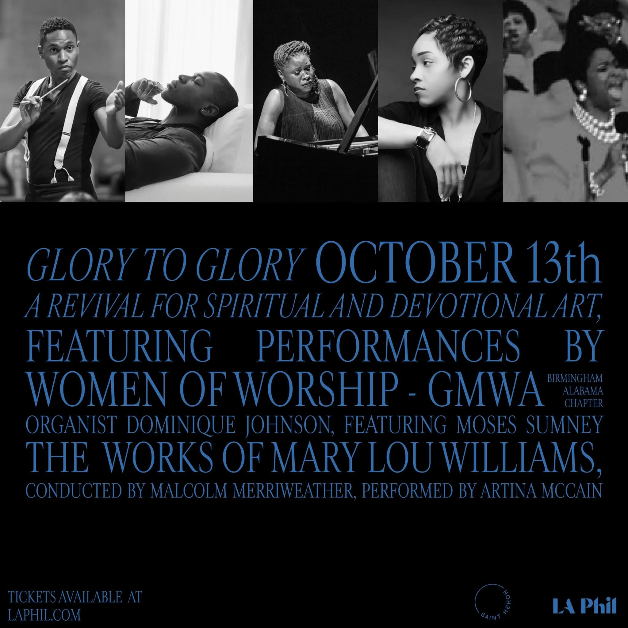 A promotional poster for an event titled 'Glory to Glory October 13th,' featuring images of women performing and a musical performance, for a revival of spiritual and devotional art with performances by women of worship, including details of organizers and performers.