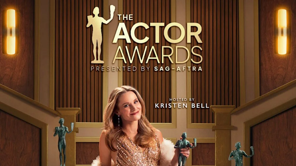 Poster for the Actor Awards presented by SAG-AFTRA, hosted by Kristen Bell, featuring a woman with long blonde hair holding awards, standing in an elegant venue with wood-paneled walls and warm lighting.