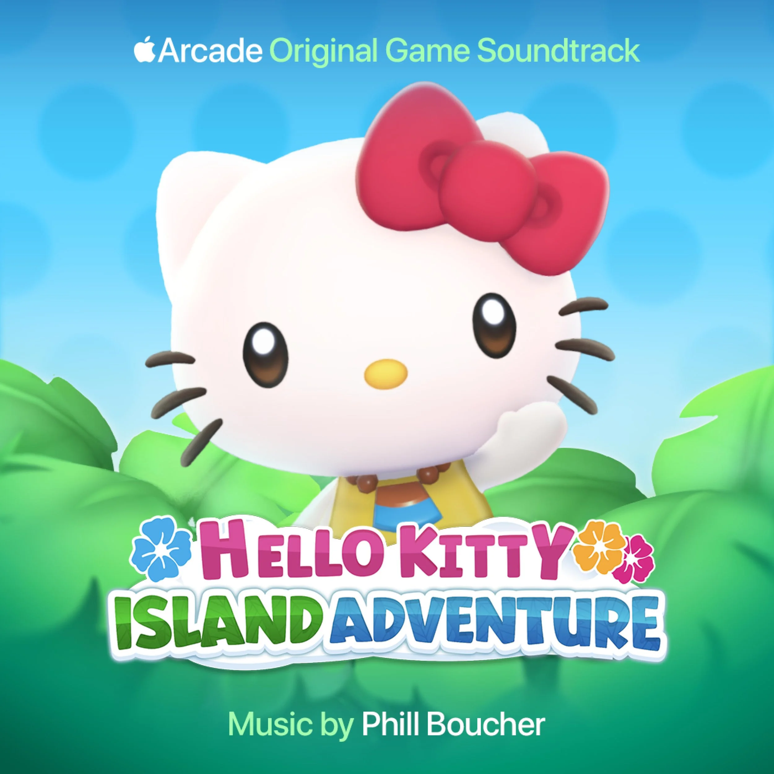 The cover art for Hello Kitty Island Adventure, featuring Hello Kitty with a red bow on her head, standing amid green foliage with a blue sky background. Text at the top reads 'Arcade Original Game Soundtrack' and the title 'Hello Kitty Island Adventure' is at the bottom, with music credit to Phill Boucher.