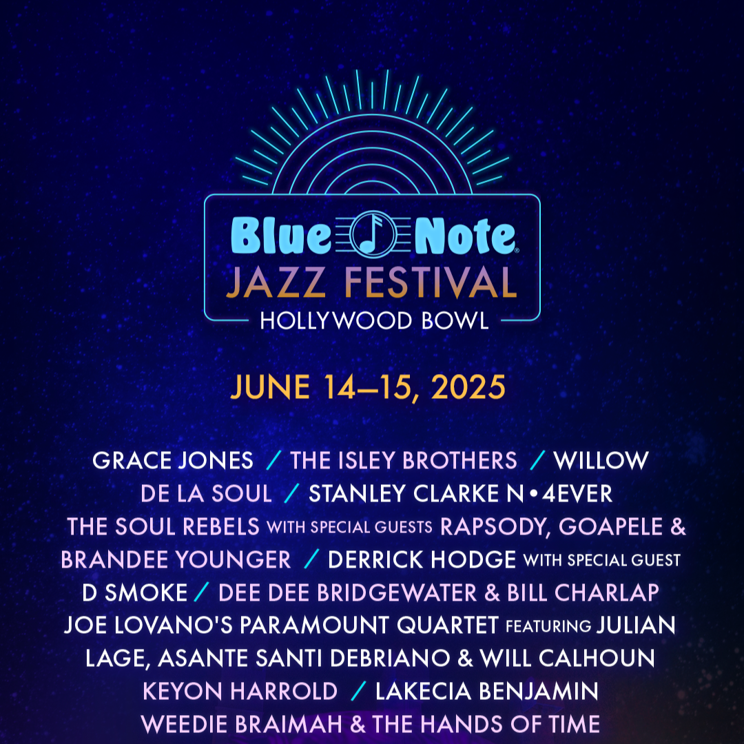 Poster for the Blue Note Jazz Festival at Hollywood Bowl, June 14-15, 2025, featuring artists like Grace Jones, The Isley Brothers, Willie De La Soul, and more, with a starry background and neon-style text.