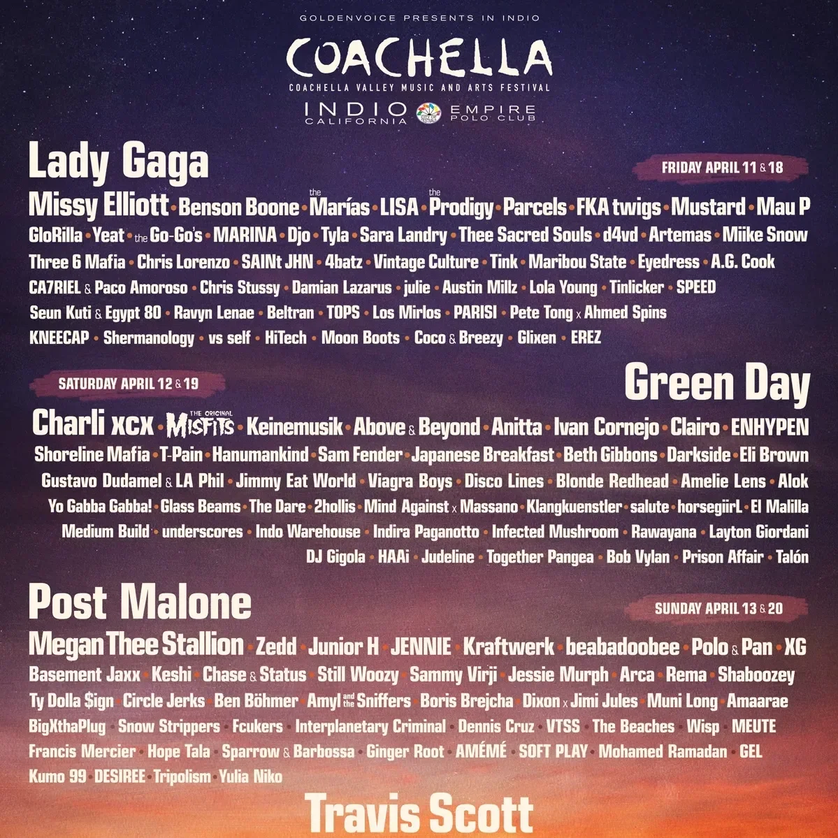 Schedule for the Coachella Valley Music and Arts Festival showcasing performances from April 11 to 20, including acts like Lady Gaga, Missy Elliott, and Post Malone, with highlights of Green Day and Travis Scott.