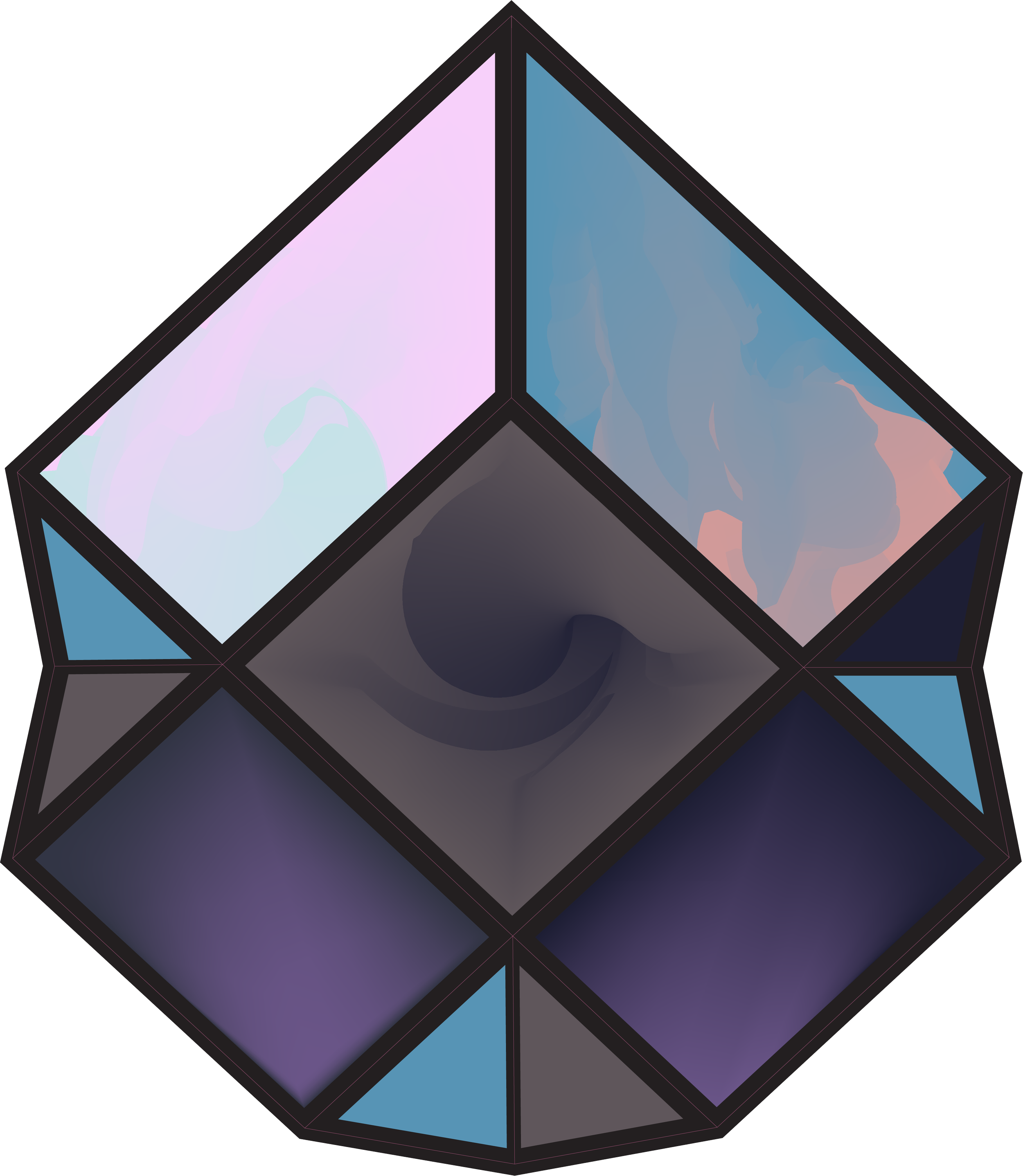 A 3D geometric shape resembling a star-shaped crystal with various colored faces, including pink, blue, gray, and dark purple, outlined in black.