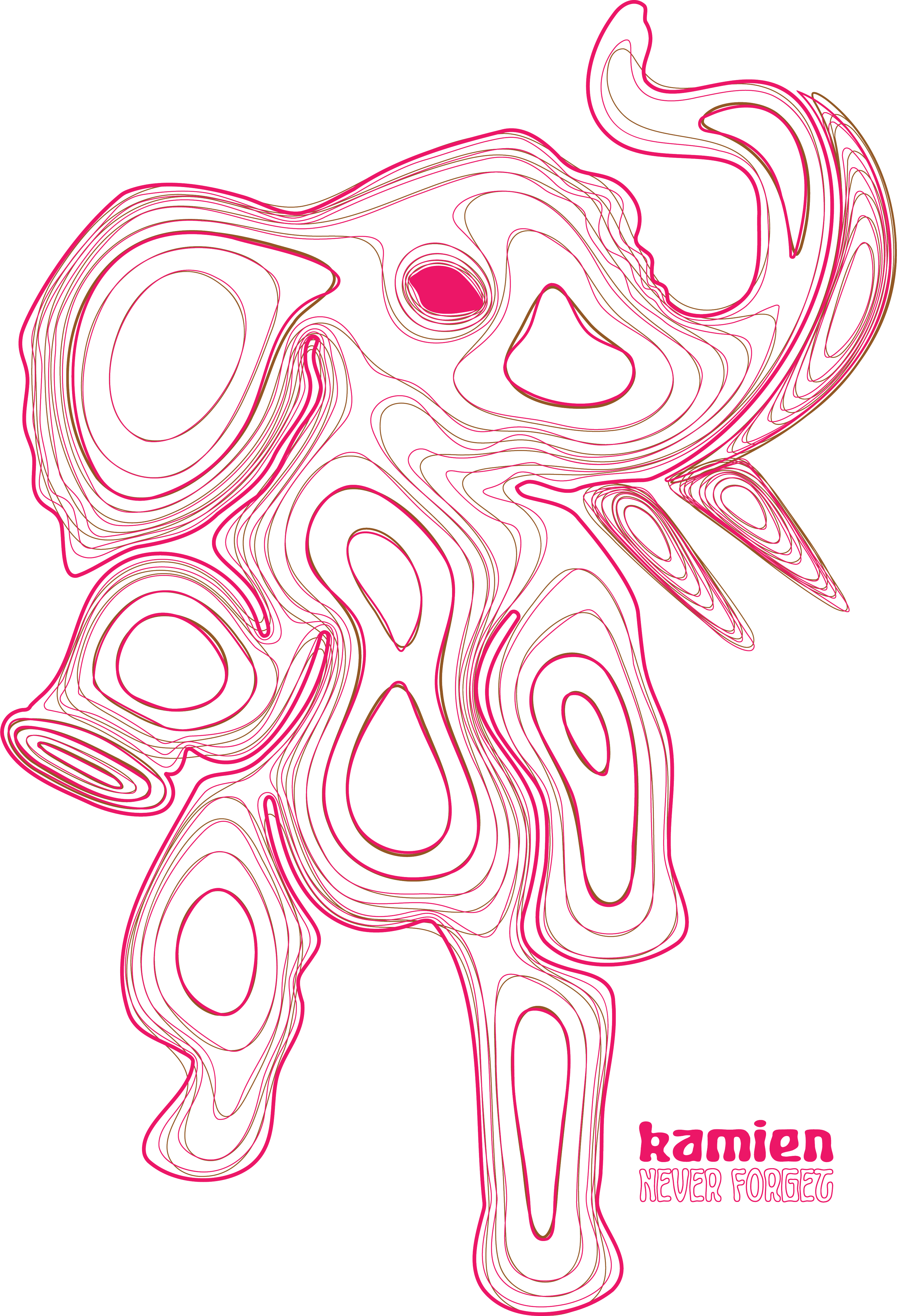 Topographic elephant design made of pink and beige contour lines on a black background, with the text 'kamien NEVER FORGET' in pink in the bottom right corner.