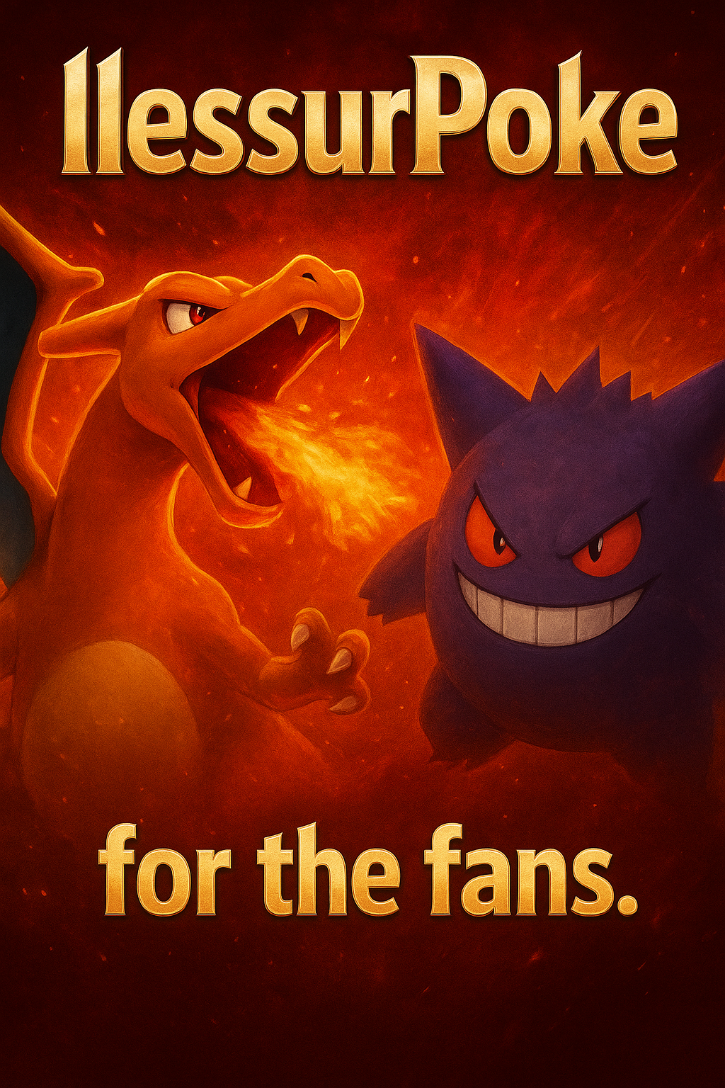 Artwork featuring Charizard breathing fire and Gengar with an evil grin, with the text 'illussurPoke for the fans'.