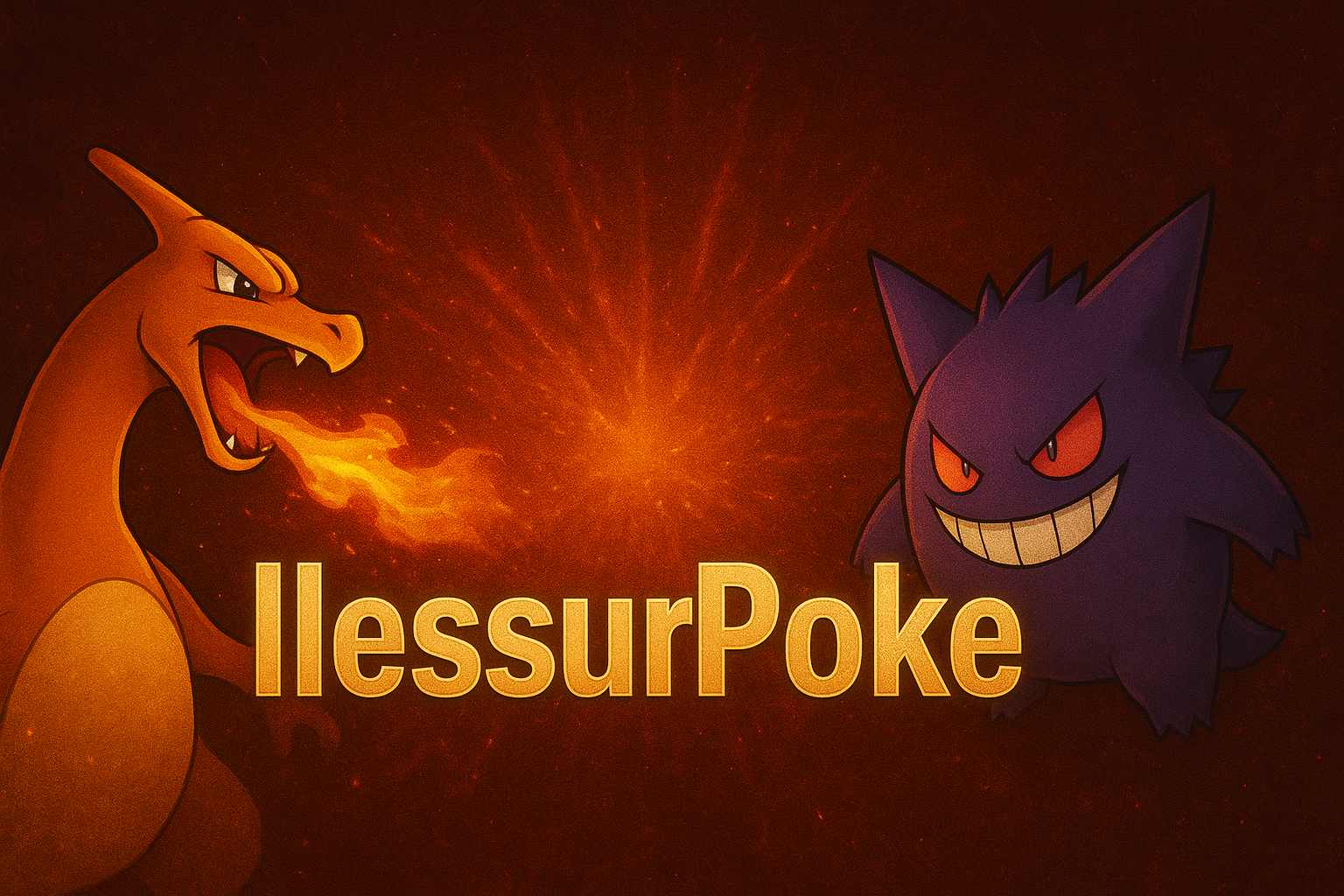Illustration of two Pokémon characters, Charizard breathing fire on the left and Gengar with a mischievous grin on the right, with the text 'IlessurPoke' in the center against a fiery background.