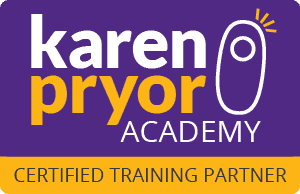 Logo of Karen Pryor Academy with text and a stylized pencil icon, and a yellow banner stating 'Certified Training Partner'.