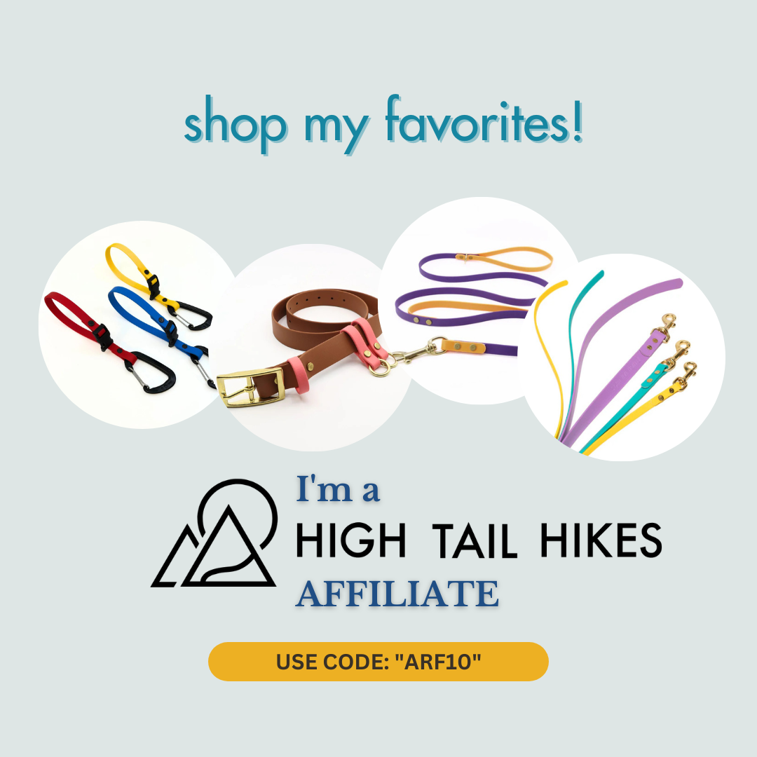 Advertisement for high tail hike accessories featuring colorful pet leashes, collars, and harnesses, with text promoting a discount code ARF10