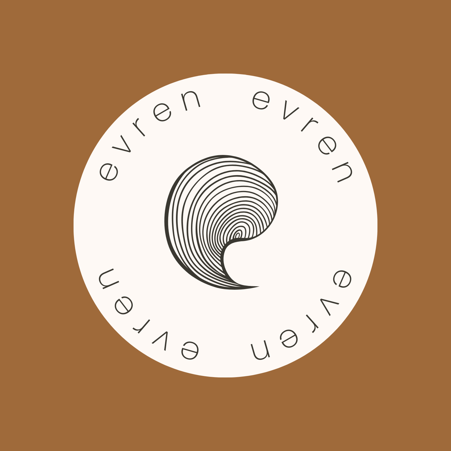 A circular logo with black concentric lines forming a spiral in the center and the words "even vêtement" written around the top and bottom edges on a brown background.